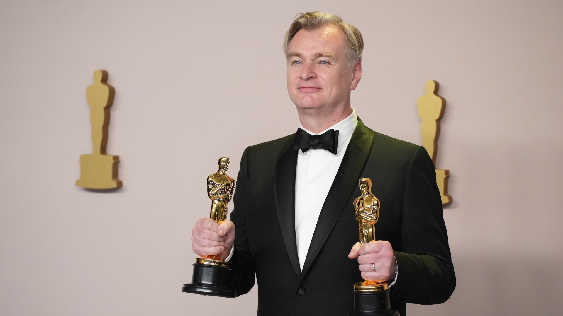 Christopher Nolan, winner of the Best Directing award and the Best Picture award for "Oppenheimer", onstage in the press room at the 96th Annual Academy Awards at Ovation Hollywood on March 10, 2024 in Hollywood, California.