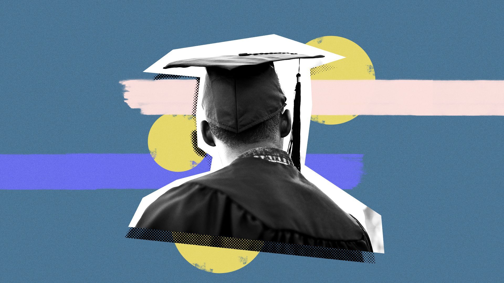 Illustration of a man in a graduation cap and gown from behind