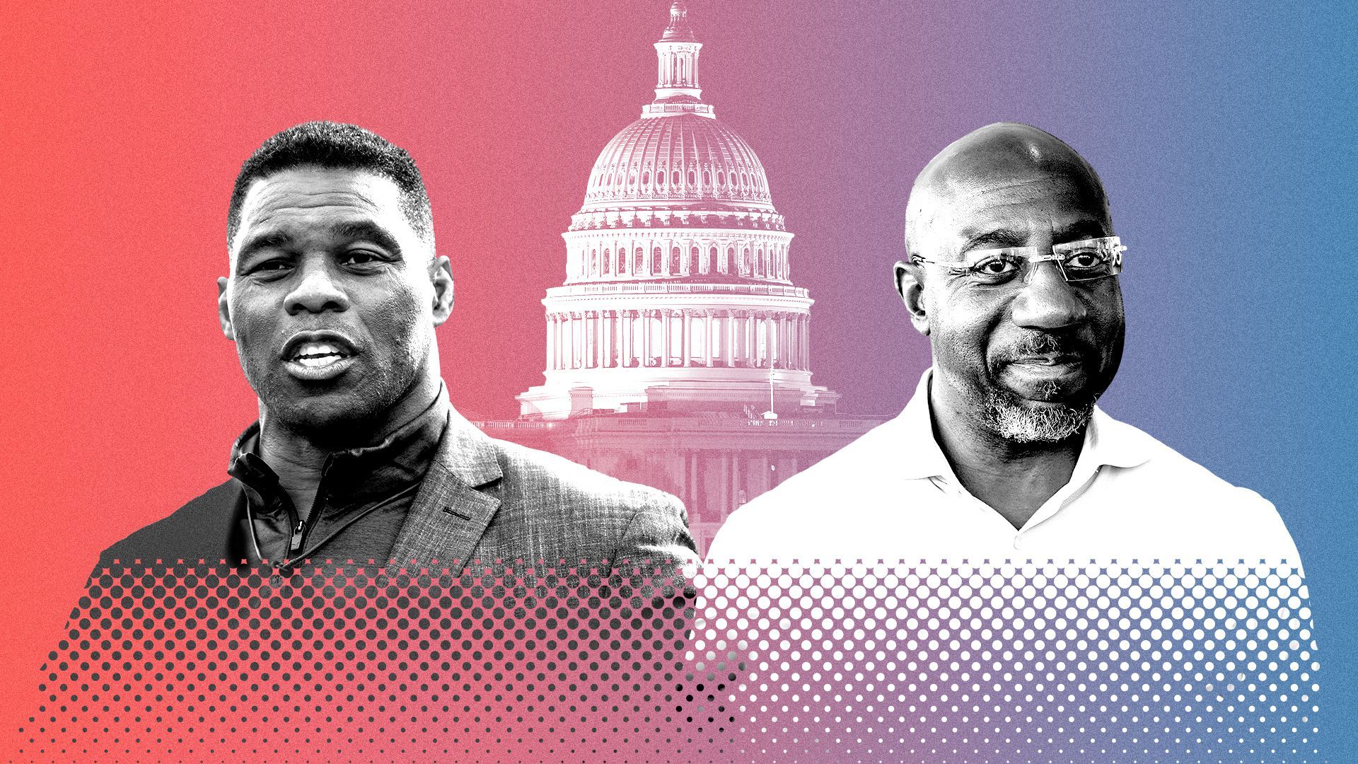 Photo illustration of Herschel Walker and Raphael Warnock in front of the U.S. Capitol.