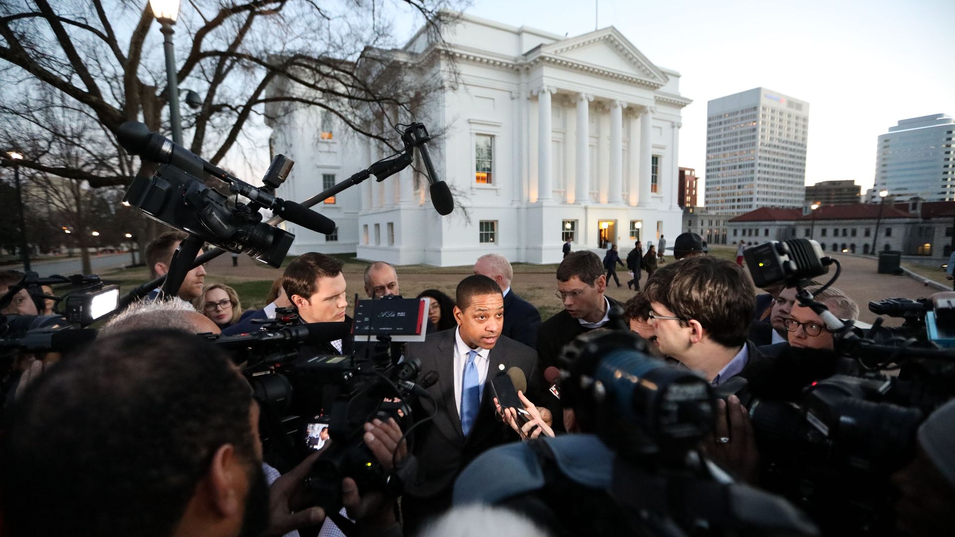Justin Fairfax interviewed by swarm of reporters