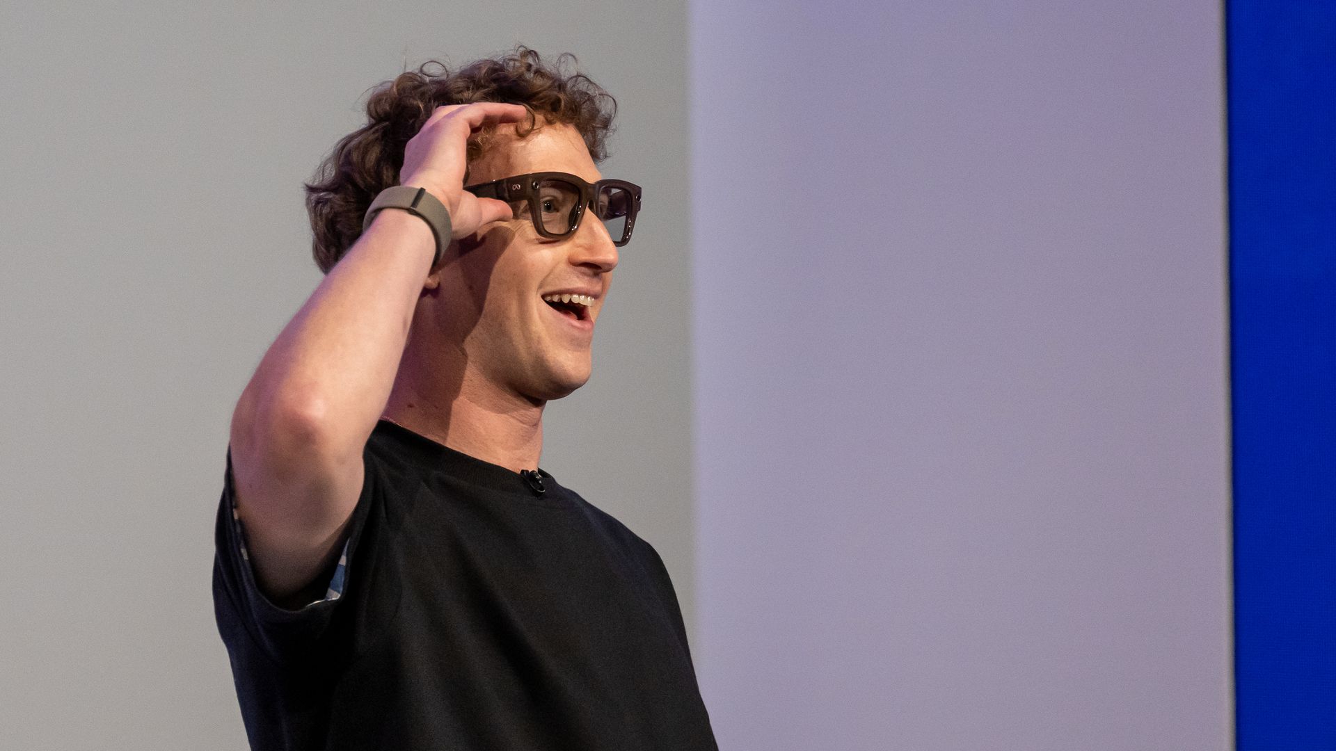 Mark Zuckerberg, chief executive officer of Meta Platforms Inc., wears a pair of Meta Ray-Ban Display AI glasses during the Meta Connect event in Menlo Park, California, US, on Wednesday, Sept. 17, 2025. Meta Platforms, seeking to turn its burgeoning smart glasses into a must-have product unveiled i