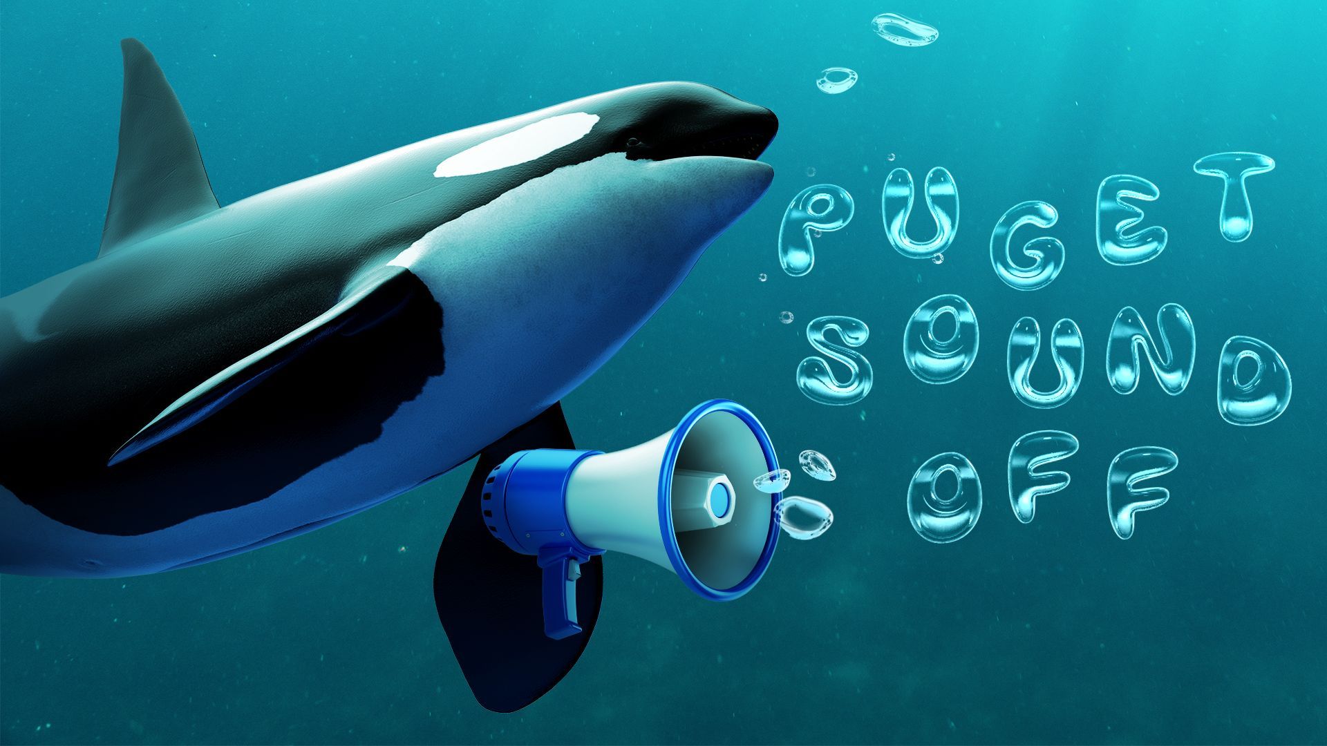 Illustration of an orca holding a megaphone and the words "Puget Sound Off" written in bubble letters.