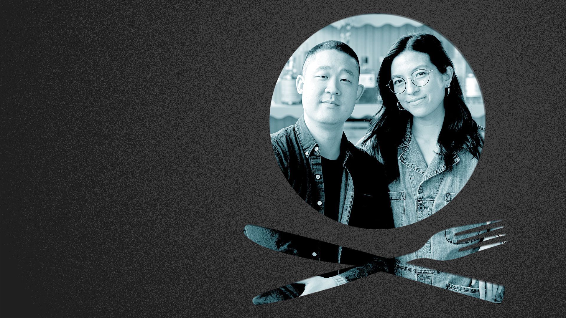 Photo illustration of a place setting shaped like a skull and crossbones containing a photo of Louis Lin and Jolyn Chen.