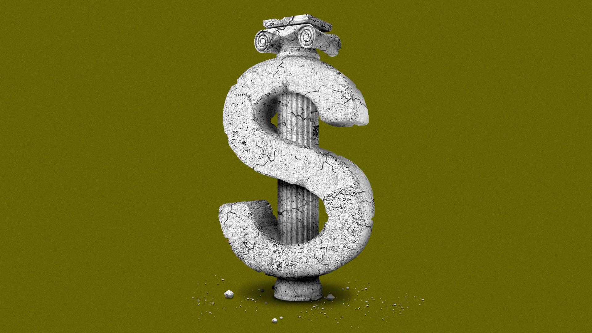 Illustration of a crumbling Roman column in the shape of a dollar sign