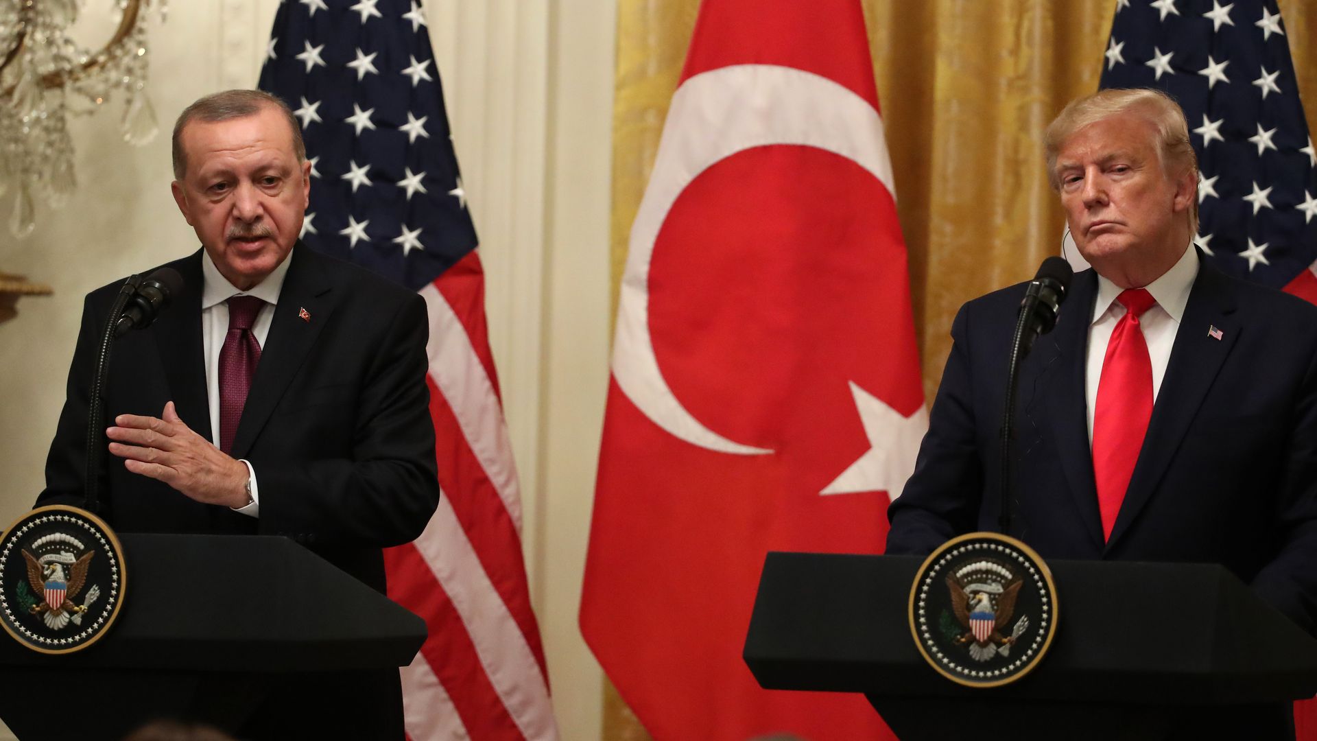 Turkish President Recep Tayyip Erdogan speaks during a press conference with President Trump 