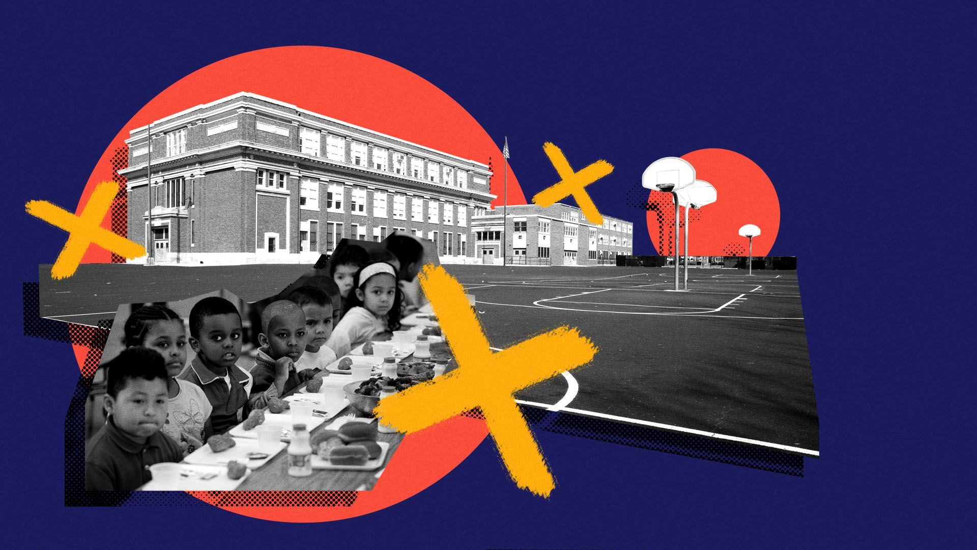Photo illustration of a public school with group of young students eating lunch at a New Hampshire elementary school