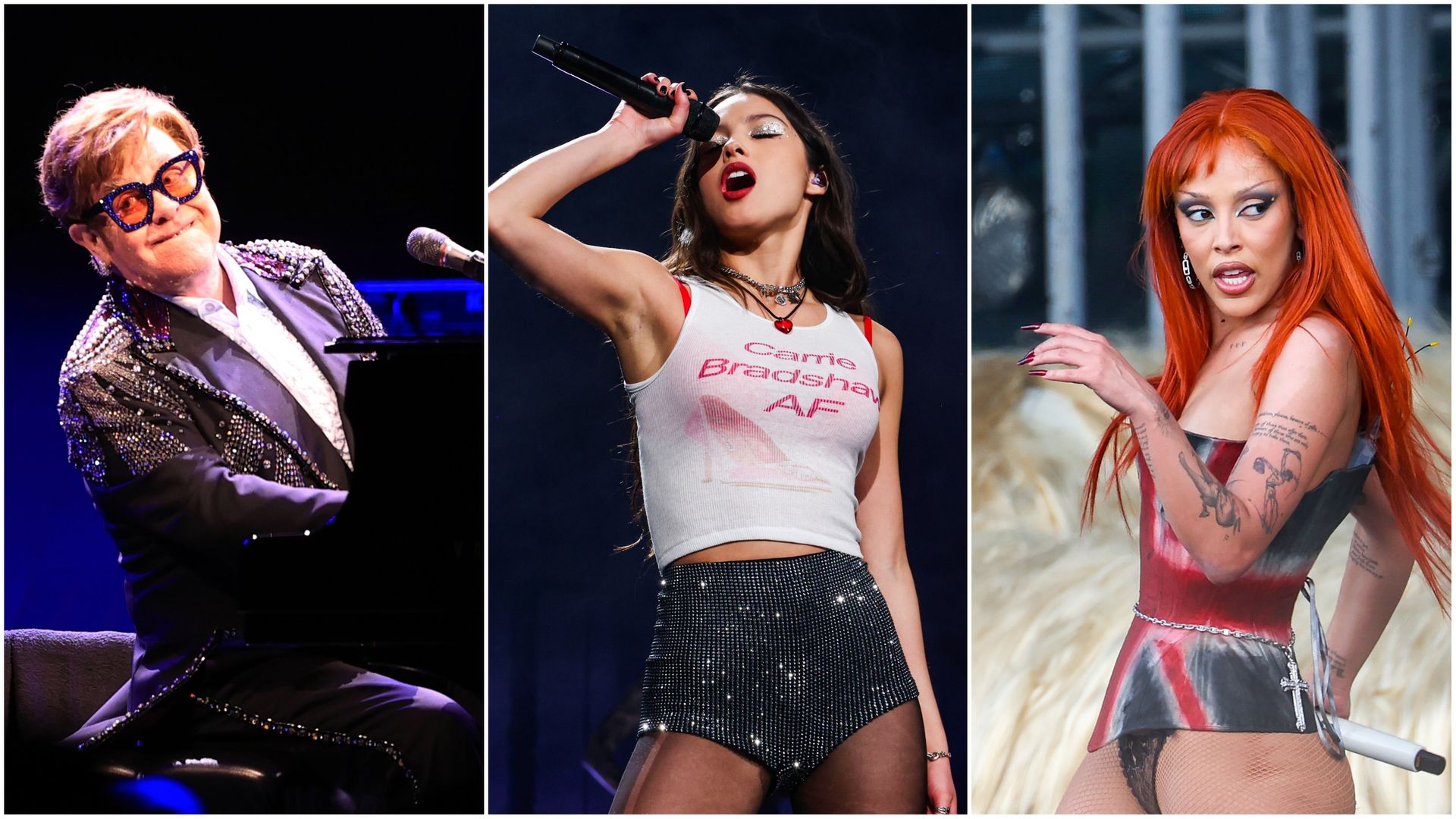 A collage featuring photos of Elton John, Olivia Rodrigo and Doja Cat performing separately on stage. 