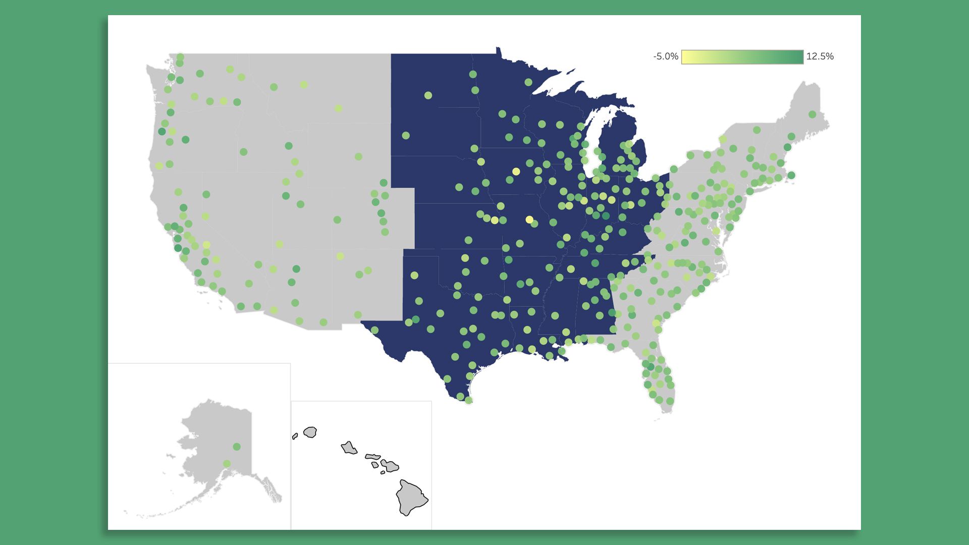 A map of the U.S. noting 384 metro areas analyzed by Heartland Forward.