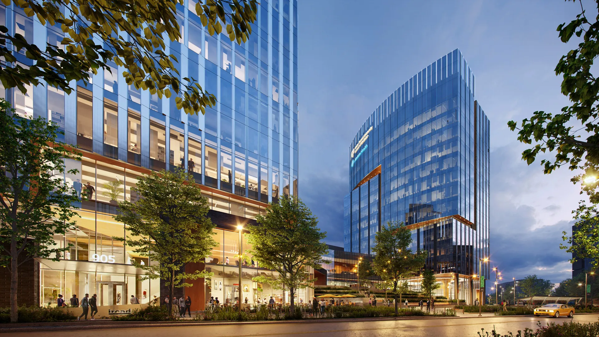 Rendering of buildings and a streetscape