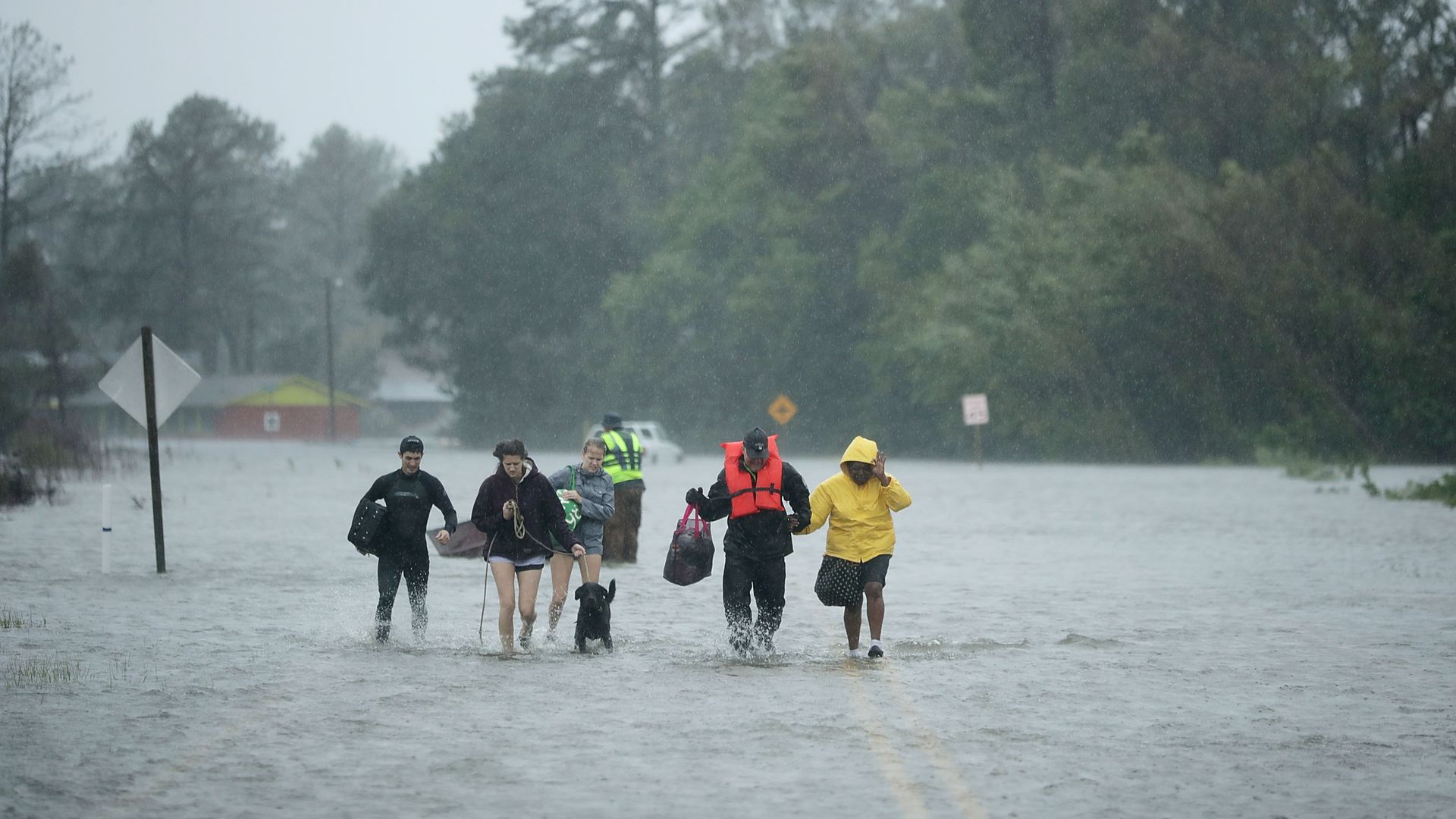 People walk through water.