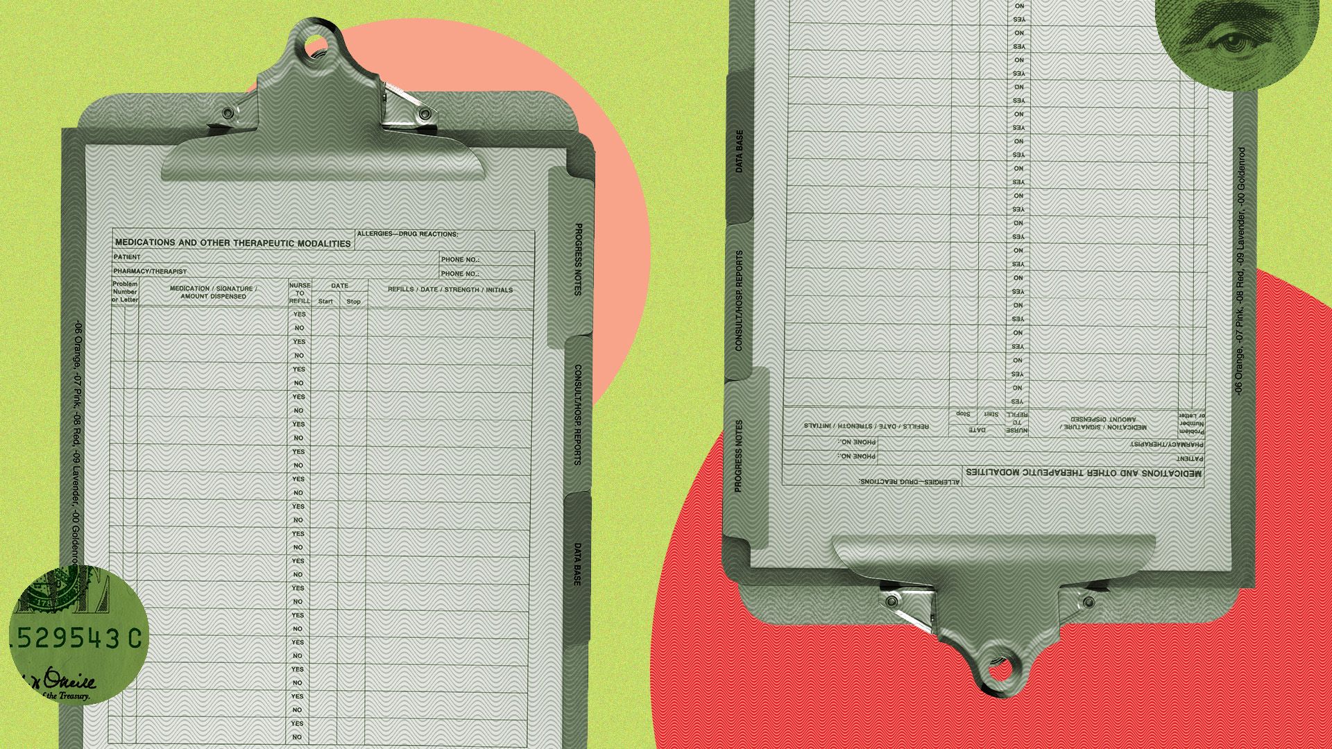 two medical record clipboards surrounded by circles and cutouts of money 