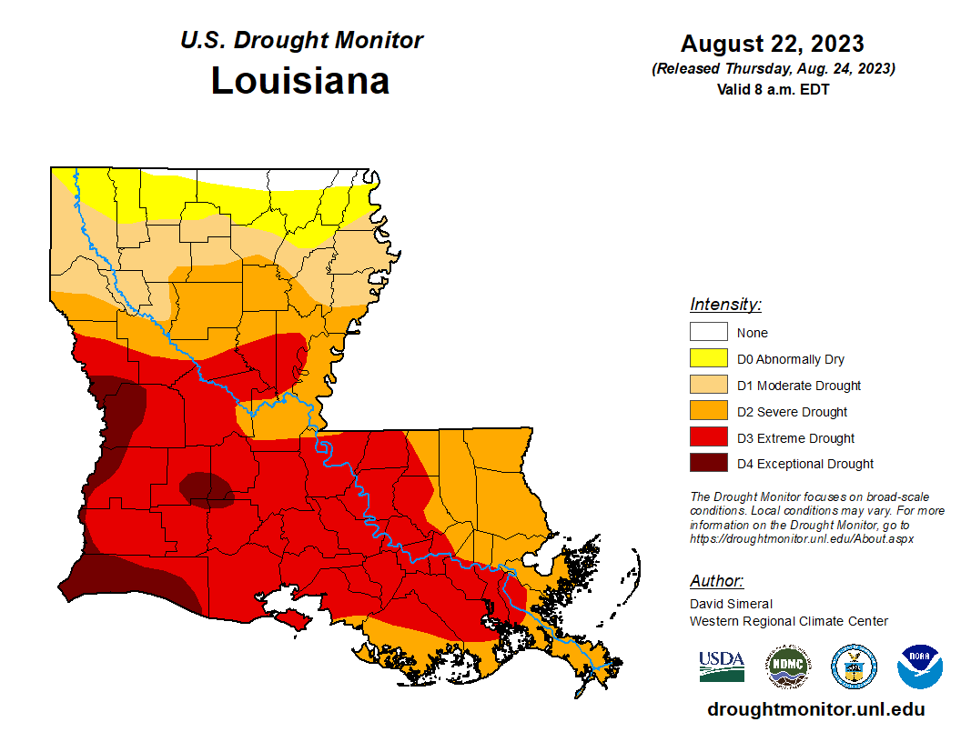 Image shows a map of Louisiana with drought classifications marked out