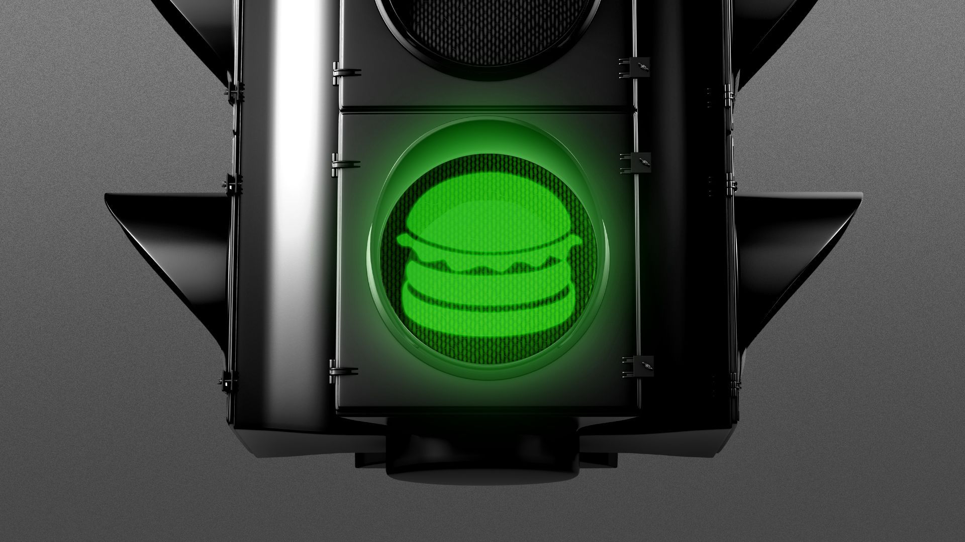 Illustration of a stoplight with the green light in the shape of a hamburger