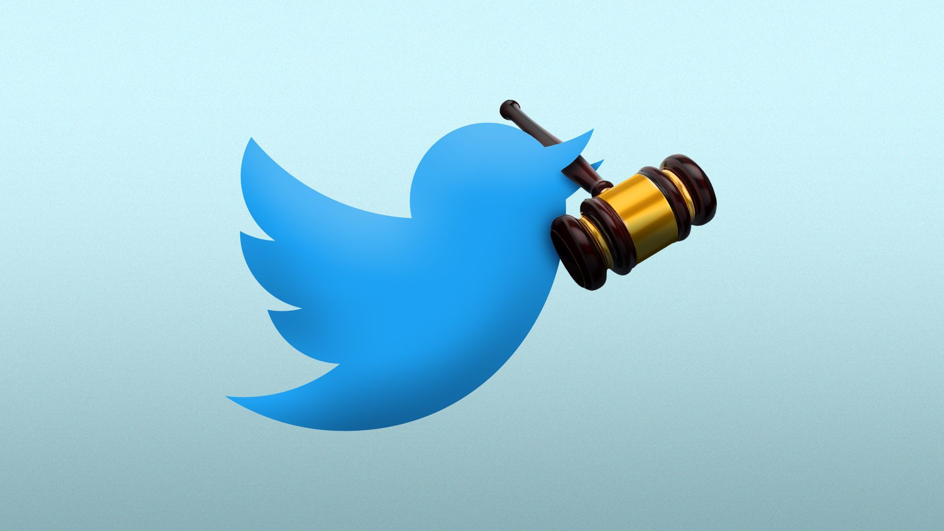 Illustration of the Twitter logo holding a gavel in its mouth.