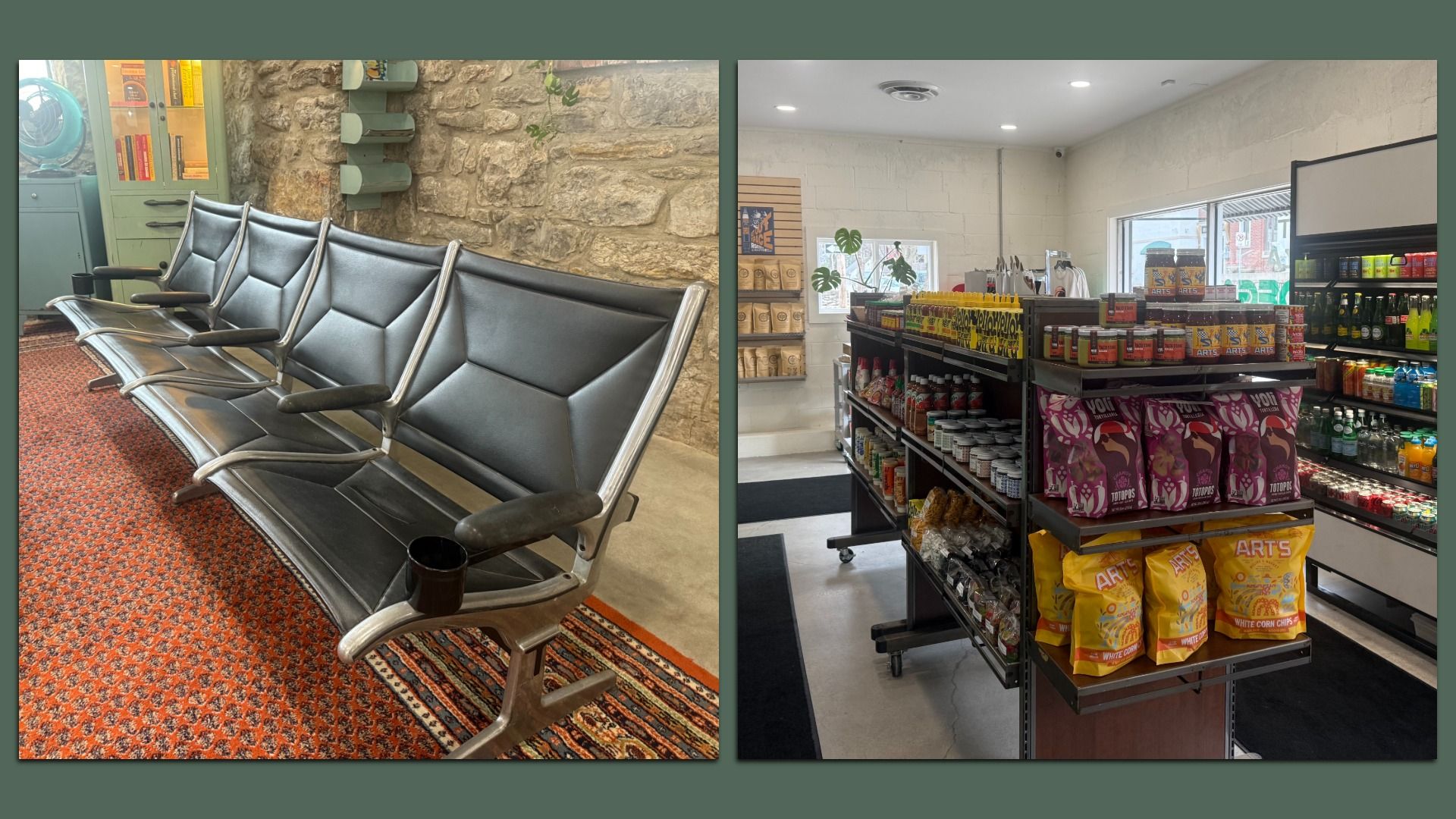 Left: four black airport-style seats with armrests on an orange patterned carpet and stone wall background. Right: store shelves with colorful chips, drinks, and snacks in a bright room.