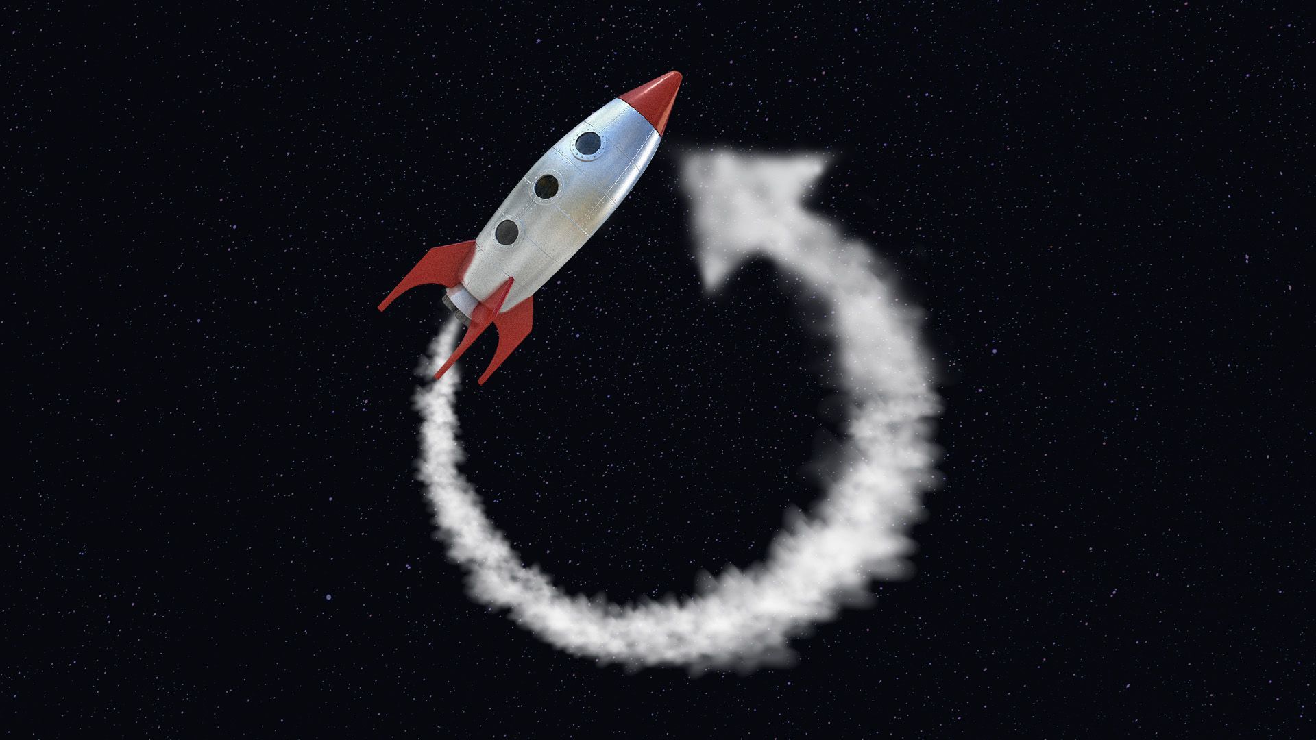Illustration of a rocket with wake behind it forming a circular arrow repeat symbol