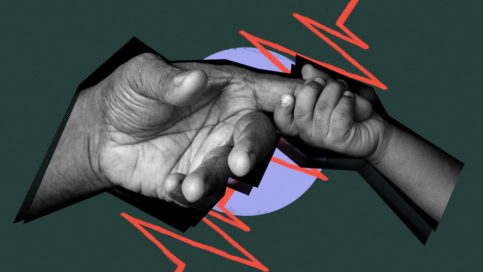 Illustration of a baby's hand holding an elderly hand, with a circle and an EKG-like line in the background