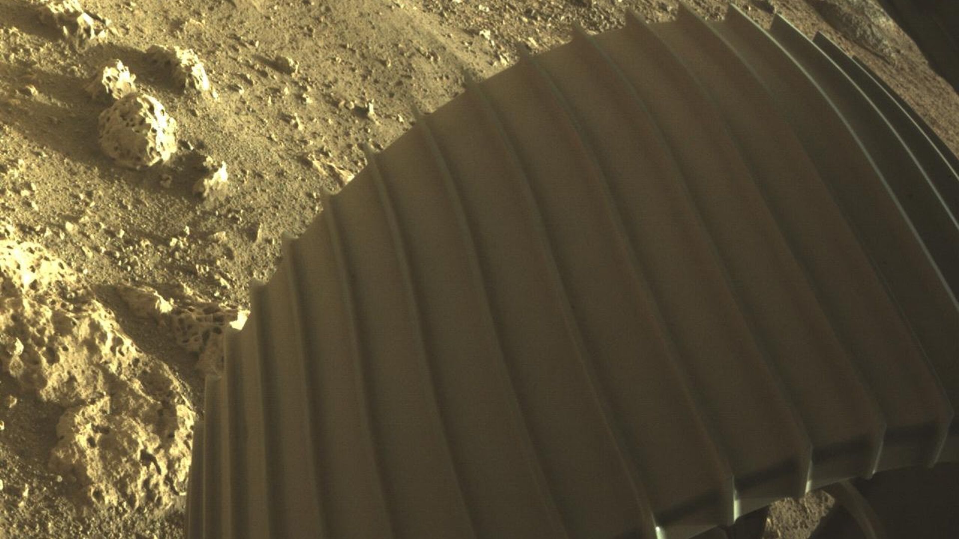 Holey rocks on Mars with Perseverance's wheel in the foreground.