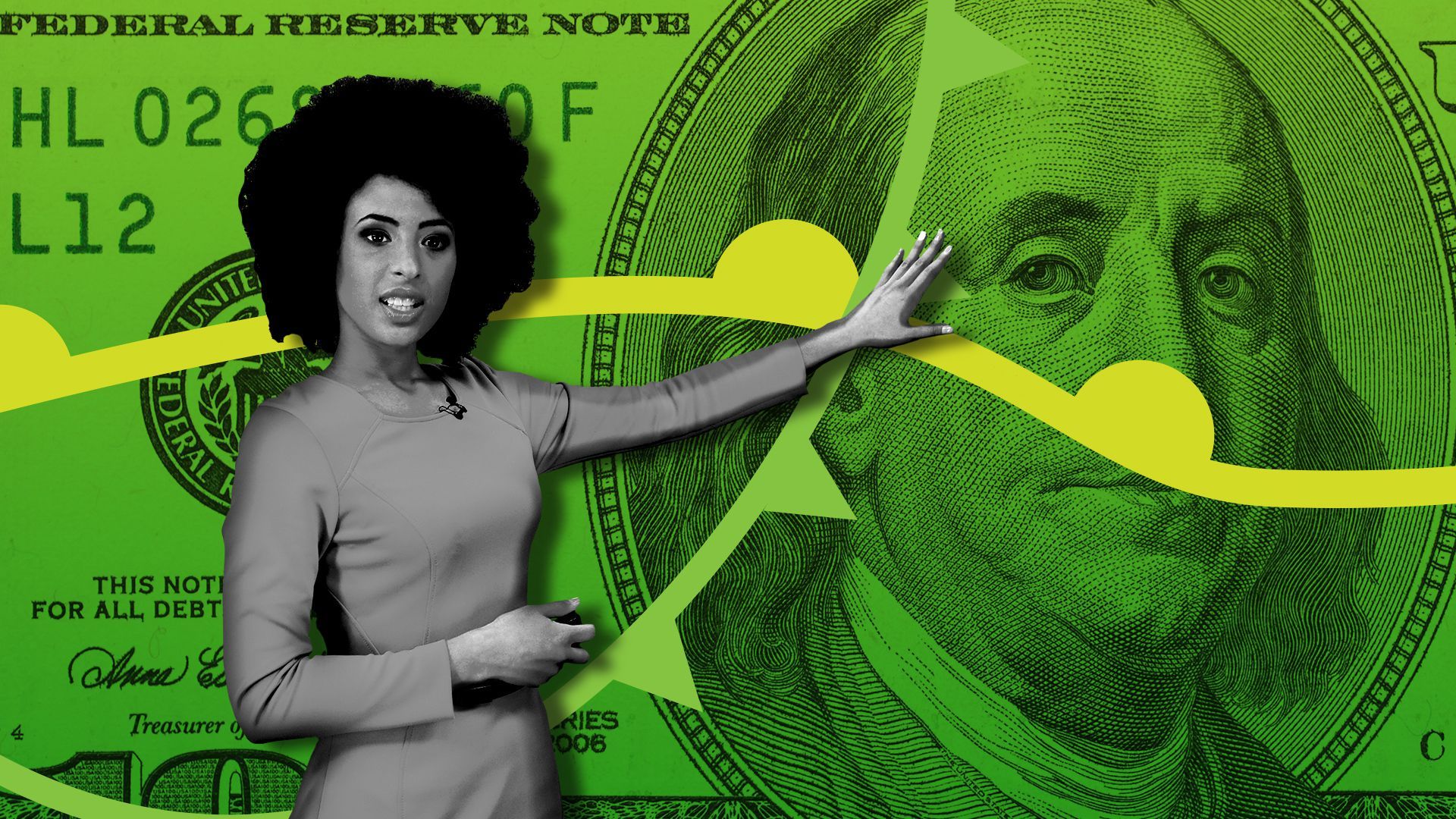 Illustration of a weather forecaster in front of a hundred dollar bill.
