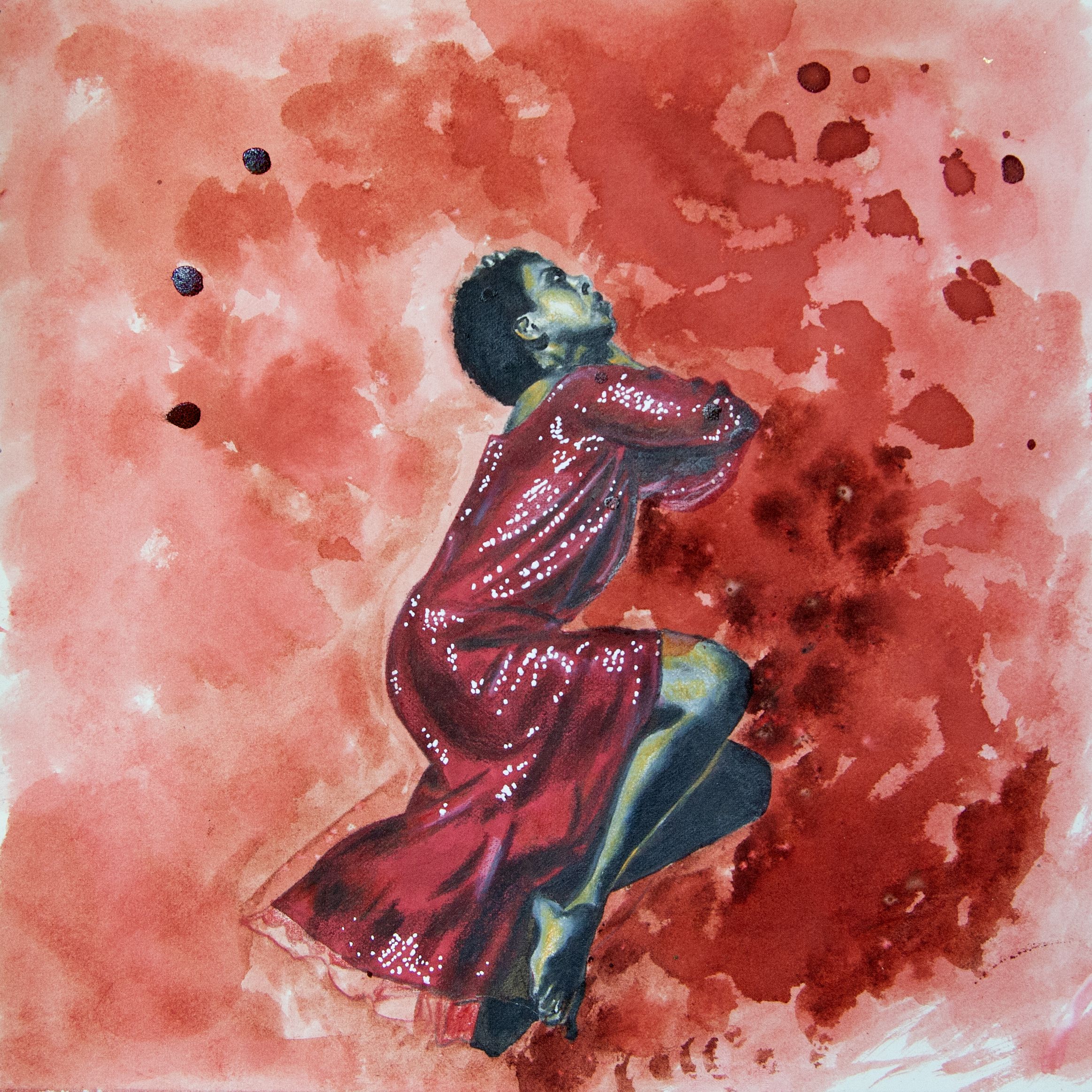 Watercolor painting of a person curled up wearing a shiny red dress against a red and pink abstract background with dark splatter spots.