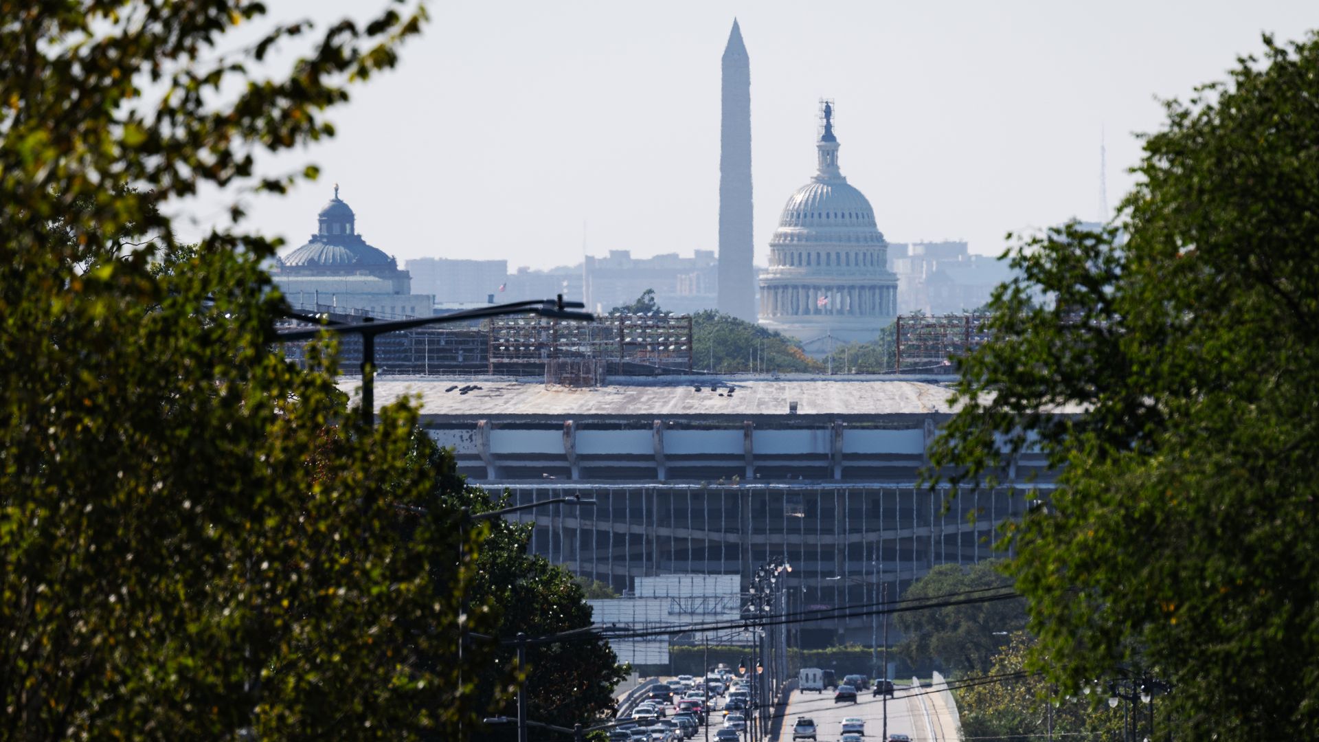 A view of RFK Stadium with the U.S. Capitol and Monument in the background
