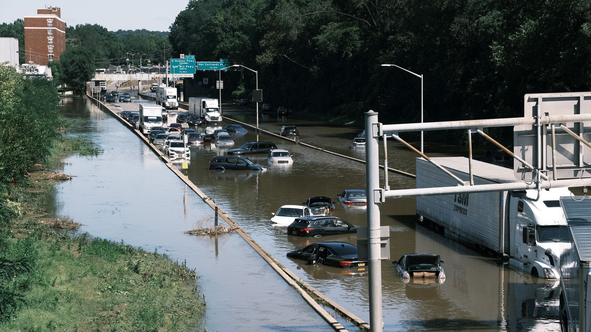 The flooded Major Deegan Expressway following a night of heavy rain from remnants of Hurricane Ida on Sept. 2, 2021, in New York City.