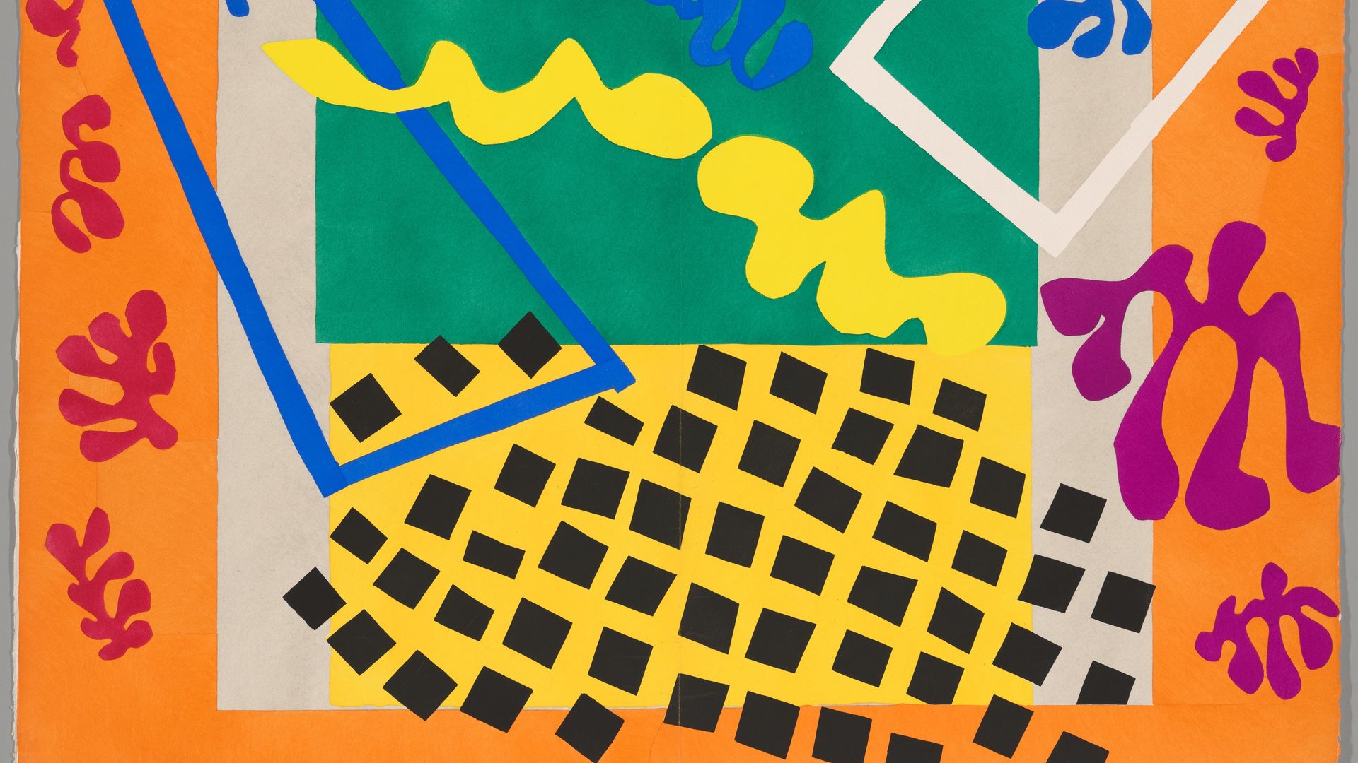 Abstract colorful collage with orange border, green and yellow blocks, black squares, blue and white geometric shapes, yellow wavy line, and red and purple organic forms.