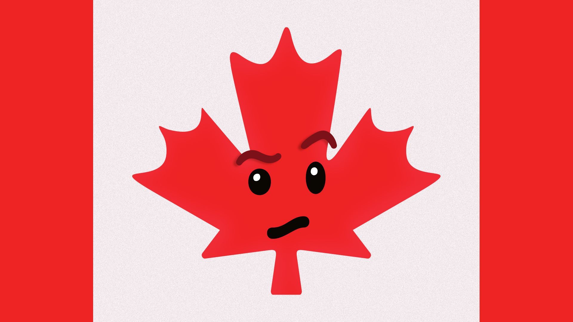 Illustration of a Canadian flag with the maple leaf stylized as a confused emoji. 