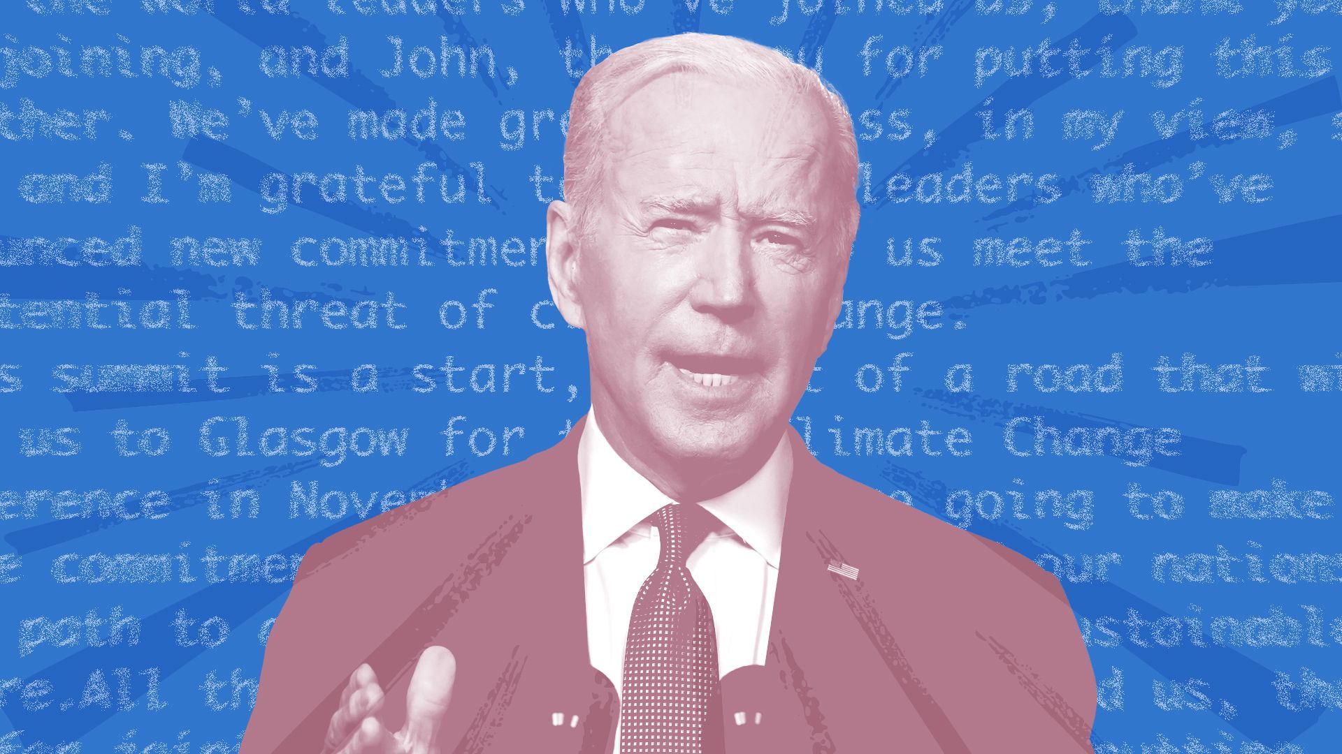 Photo illustration of President Biden with part of a transcript from a speech visible behind him