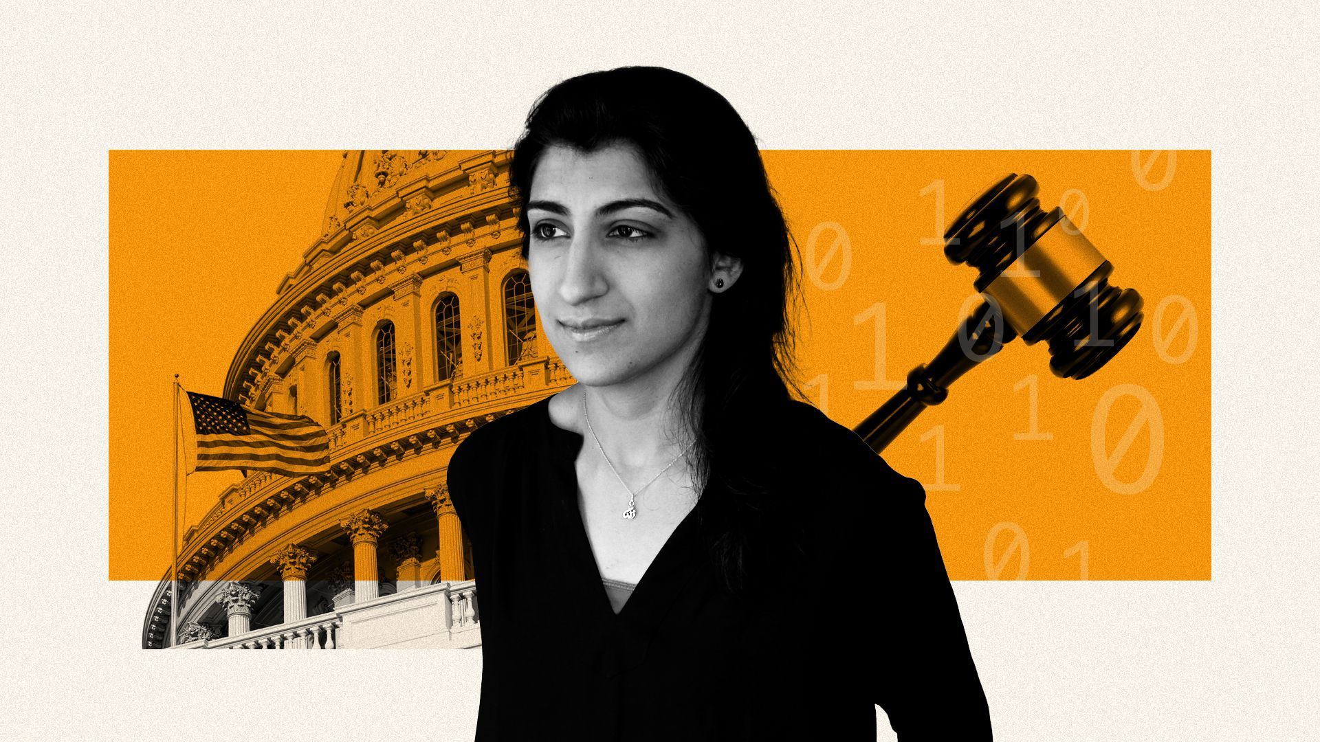 Photo illustration of Lina Khan with the Capitol Building, a gavel and binary code.