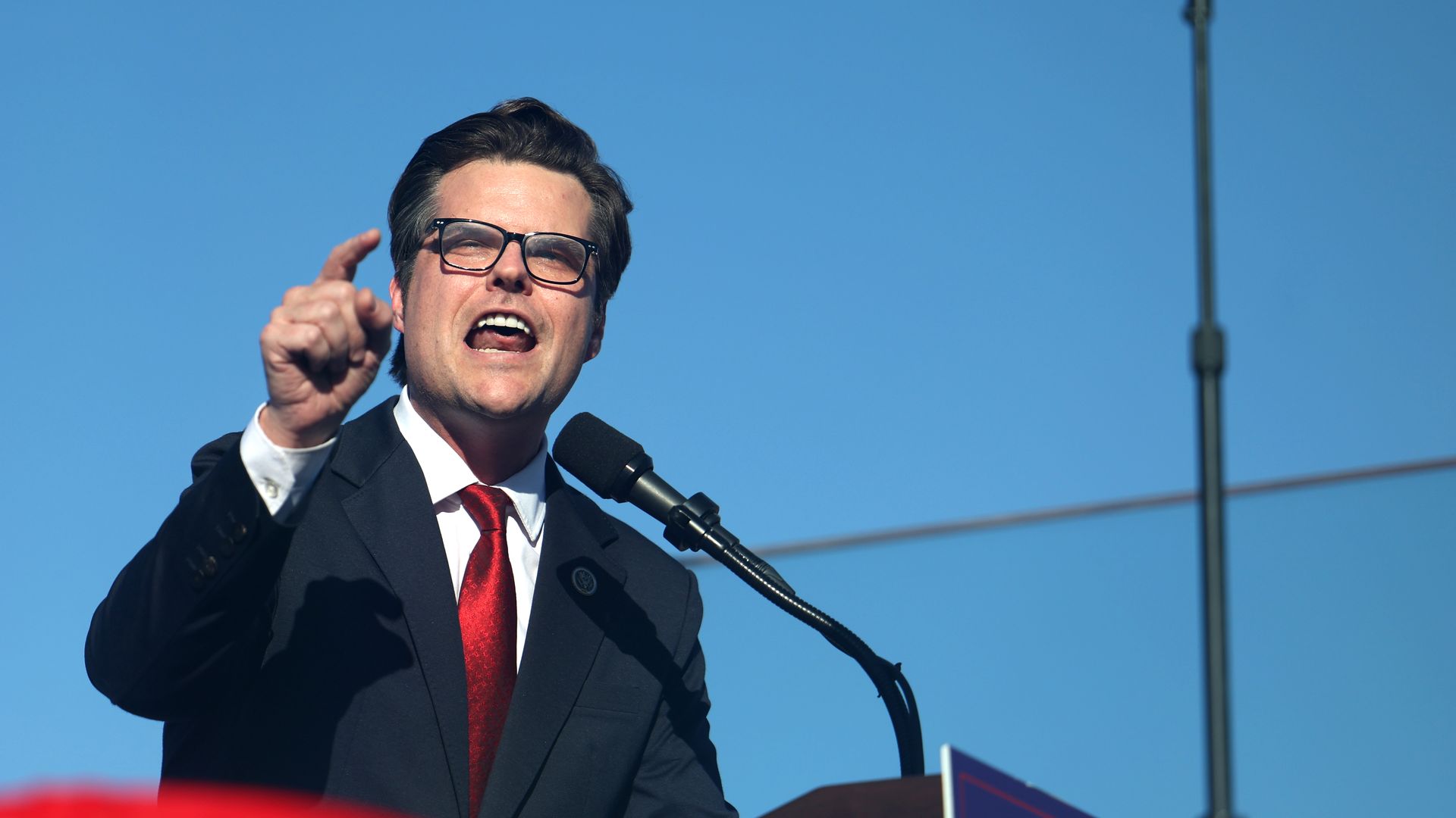 Coachella, California October 12, 2024-Politician Matt Gaetz, who was recently picked by President-elect Donald Trump to serve as attorney general, speaks at a rally in Coachella recently. (Wally Skalij/Los Angeles Times via Getty Images)