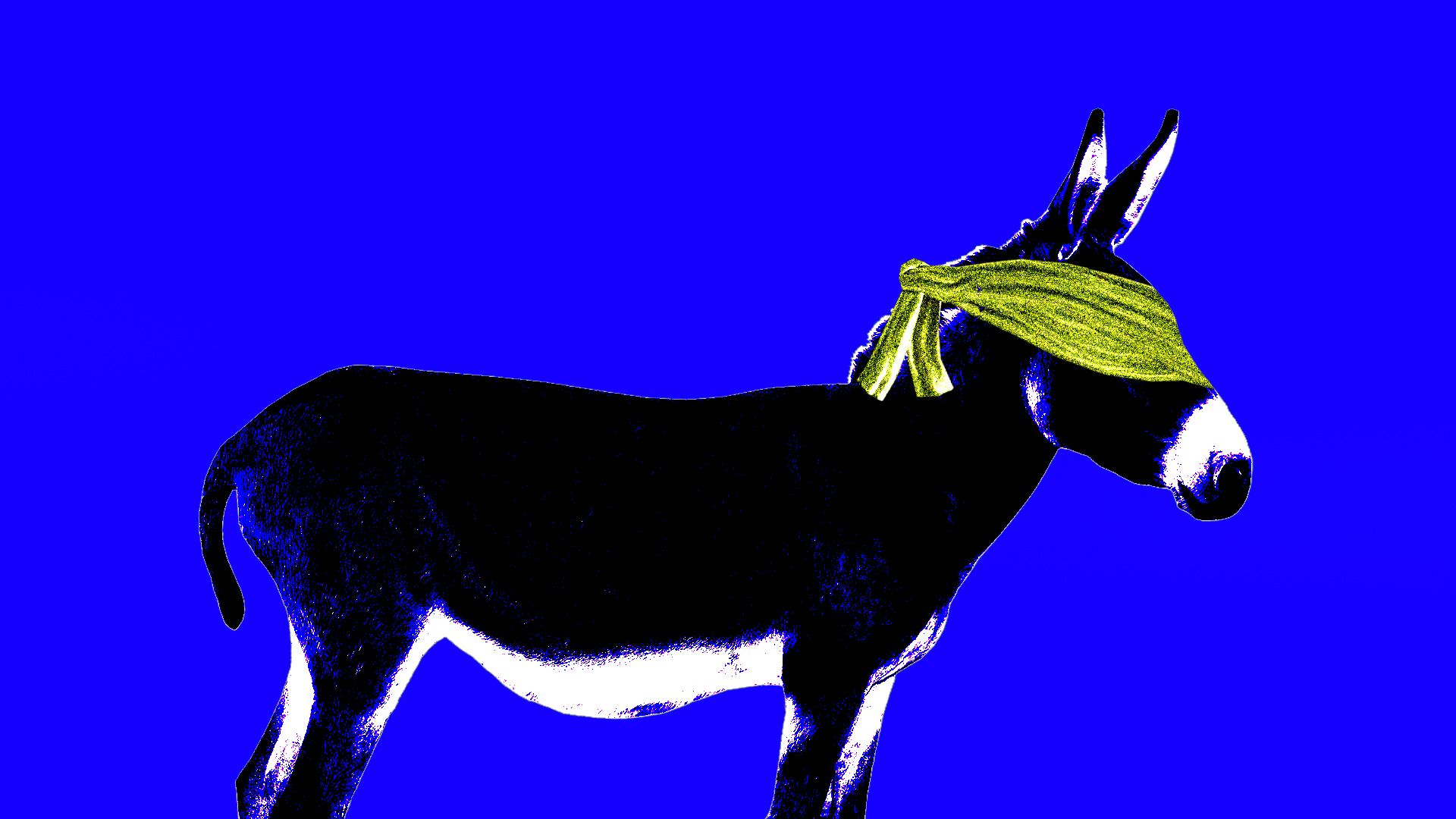 An illustration of a donkey blindfolded