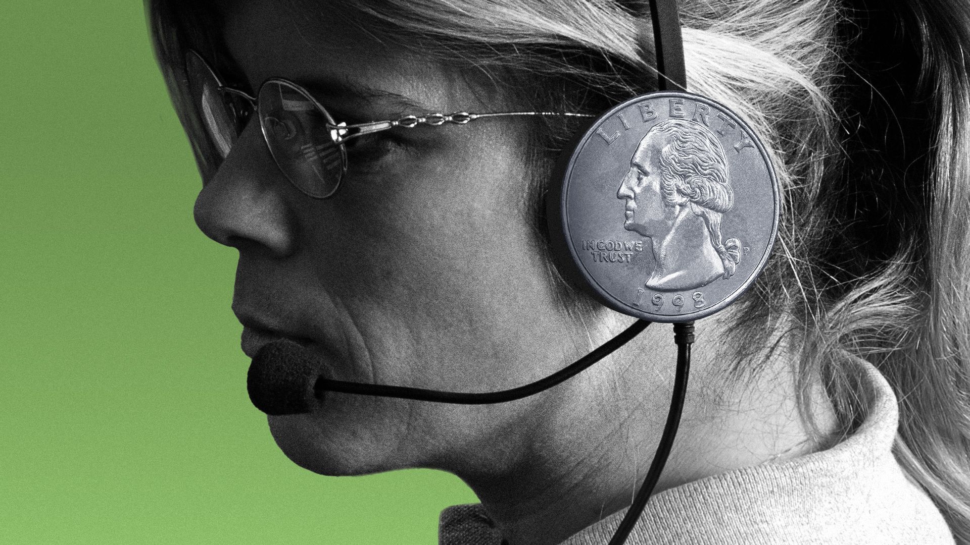 Illustration of a quarter as the earmuff of a woman's headset.