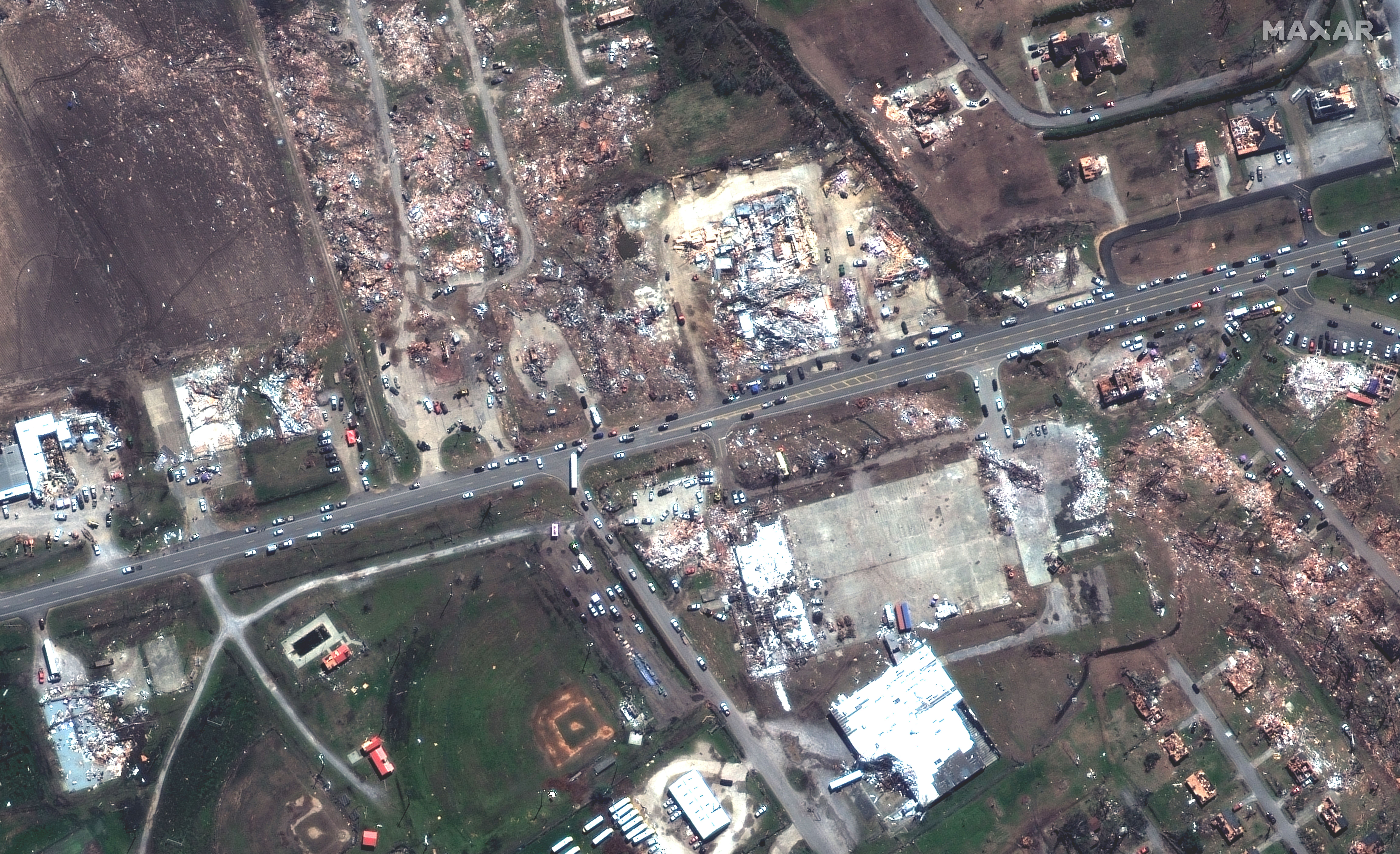 Satellite image of homes in Rolling Fork, Mississippi after tornado. 