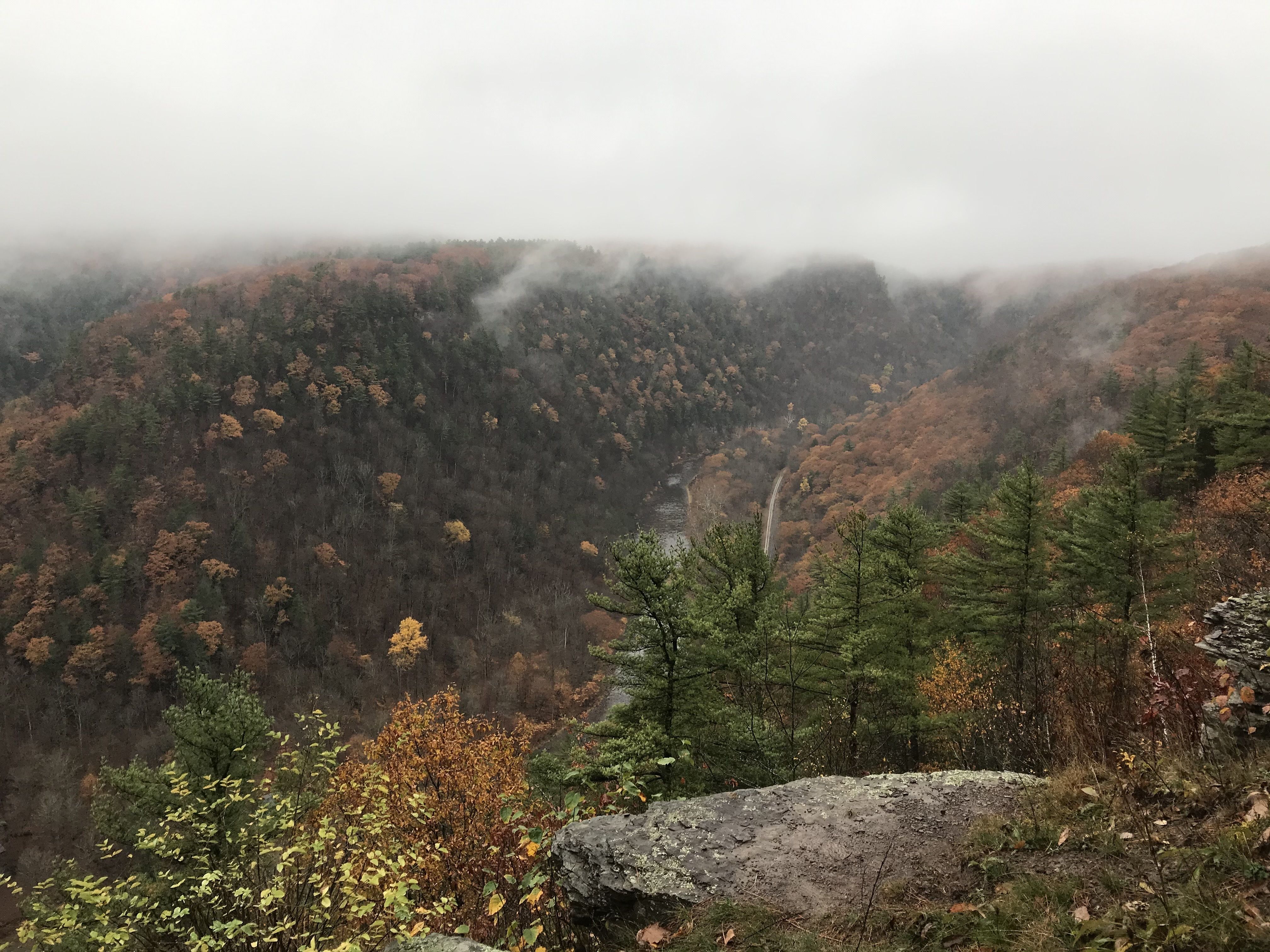 Foggy autumn landscape with a river cutting through forested hills showing green, orange, and yellow foliage, viewed from a rocky cliff with mist covering the hilltops.