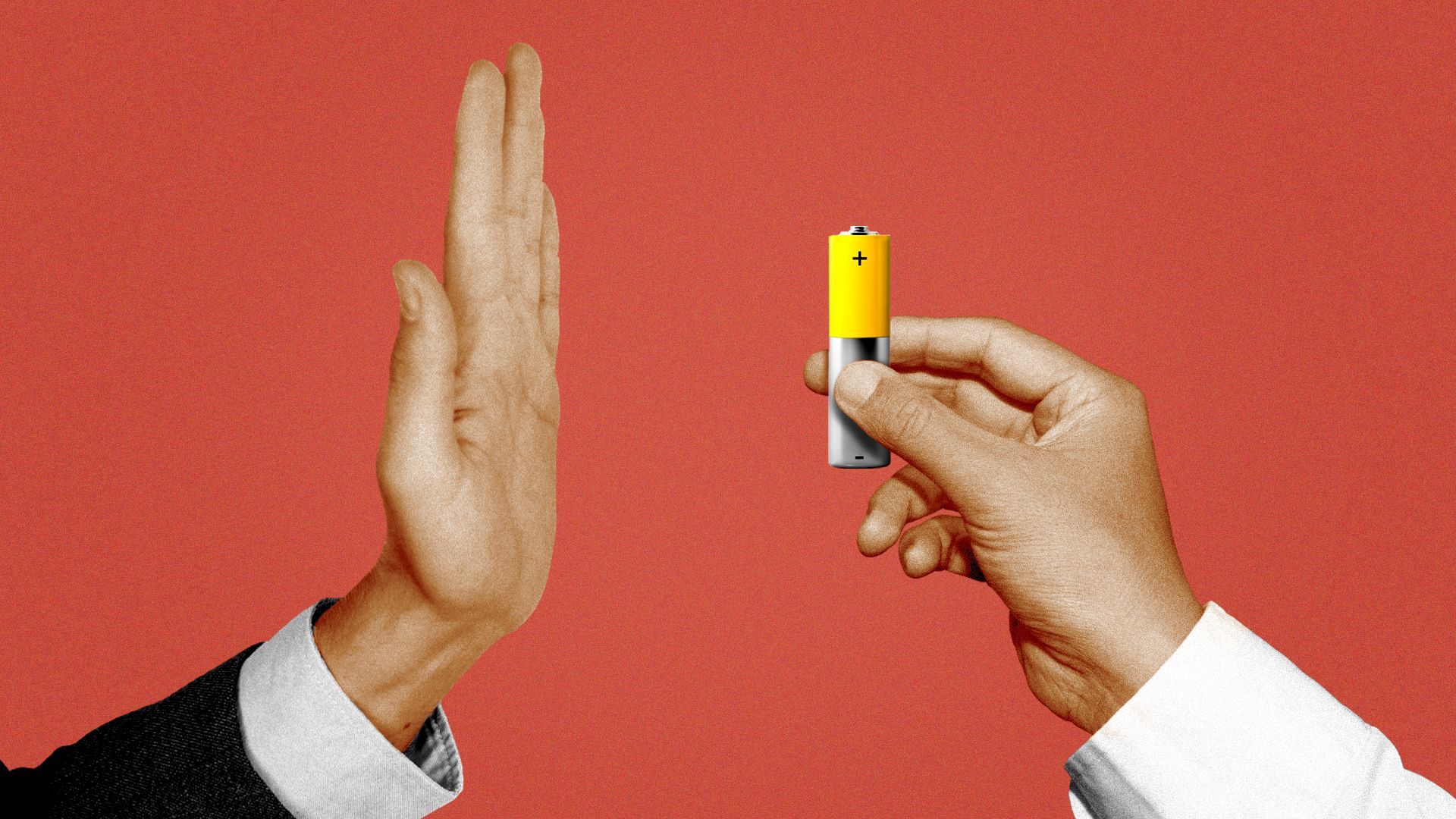 Illustration of one hand pushing away another hand holding a battery.