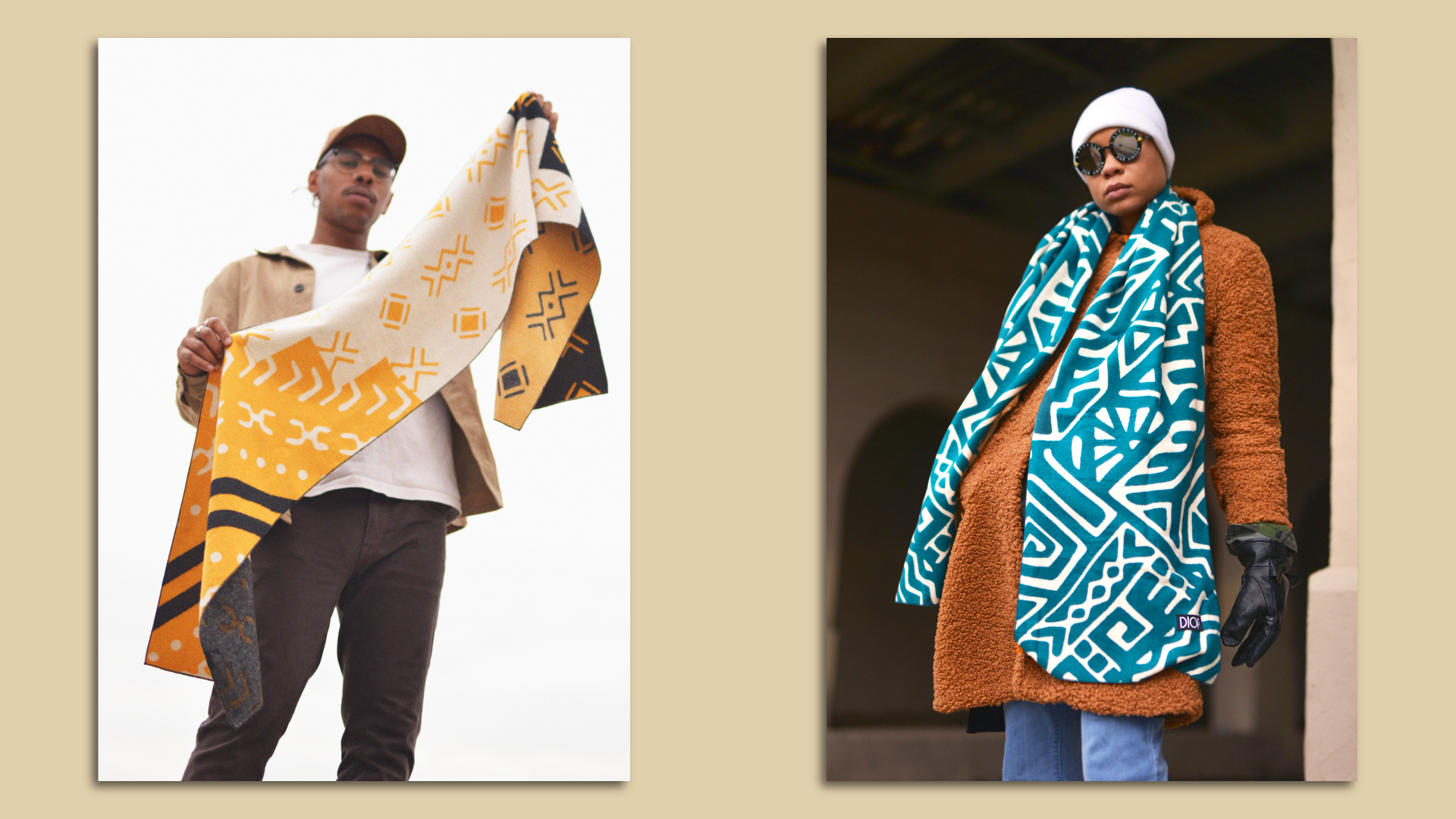 Colorful scarves on models.