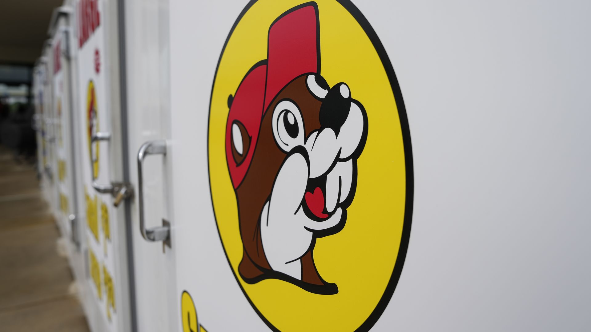 Photo of a logo of a cartoon chipmunk on the side of a freezer door in a store 