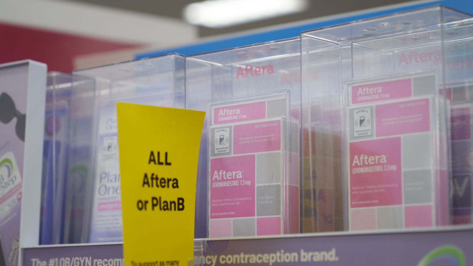 A sign notifies customers of purchase limits for Aftera and PlanB emergency contraceptive pills.