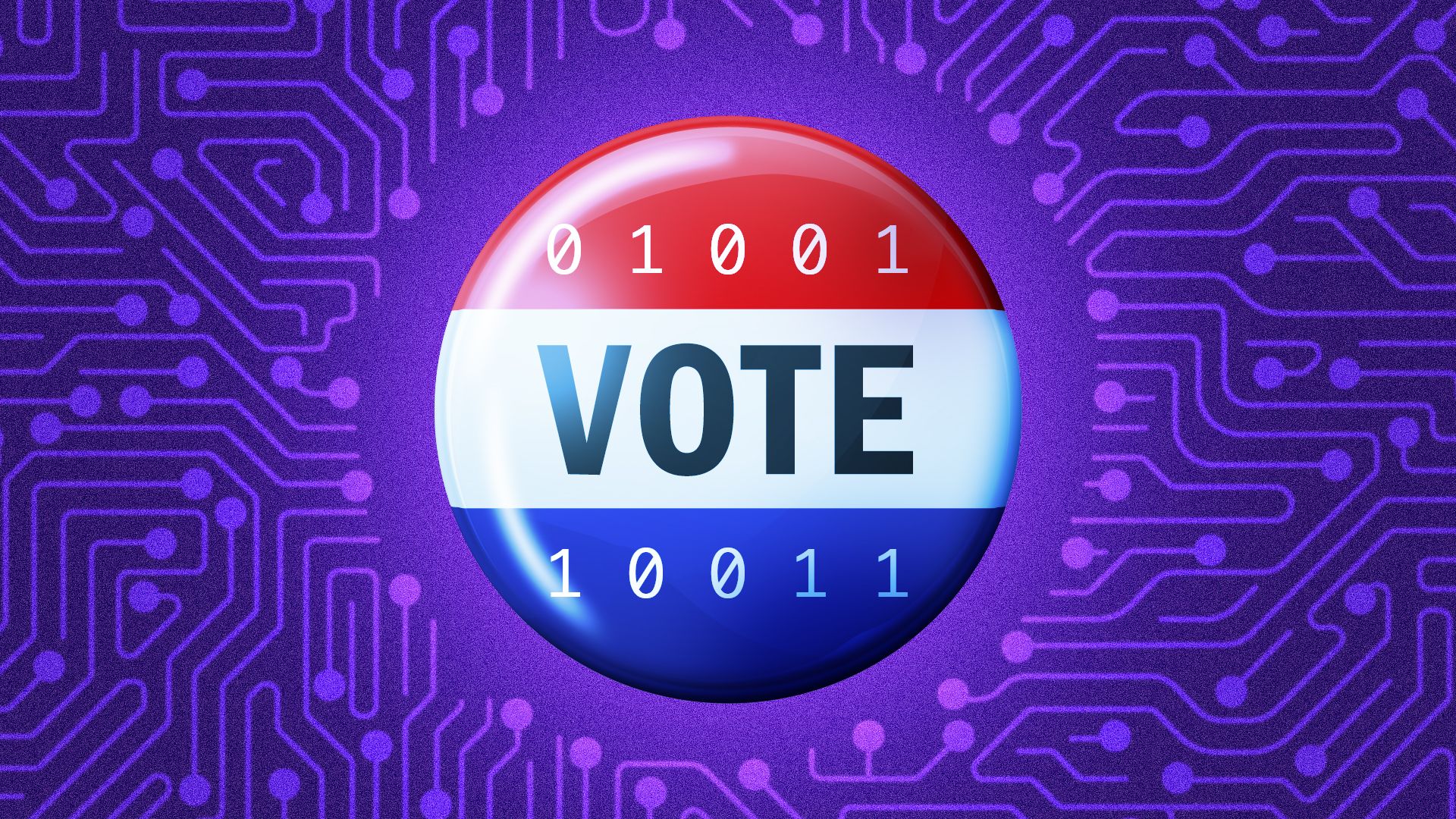 Illustration of a vote pin featuring binary code on a background of computer circuit board shapes