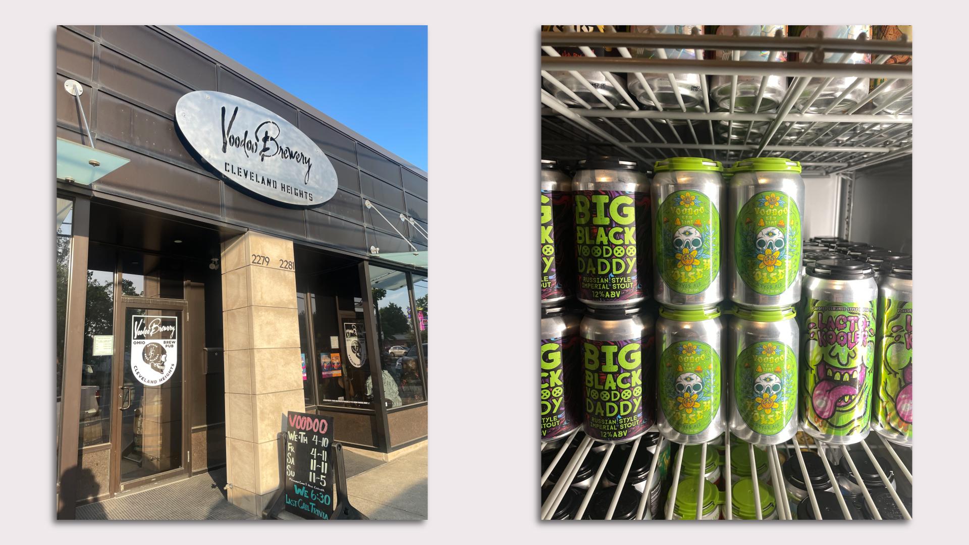 Side by side images: exterior of Voodoo Brewing in Cleveland Hts; a closeup on a fridge of beers