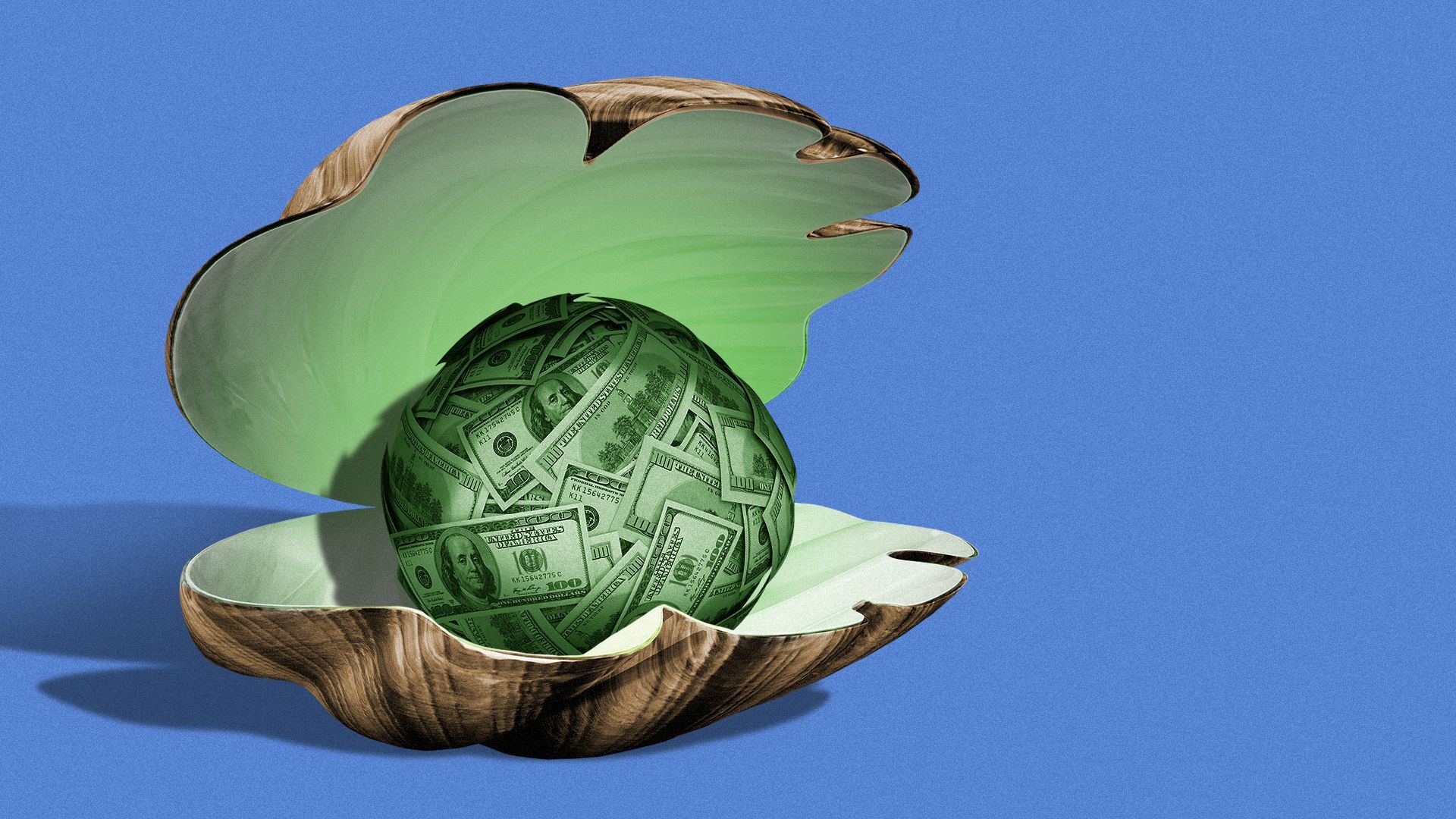 Illustration of a money ball inside a clam.