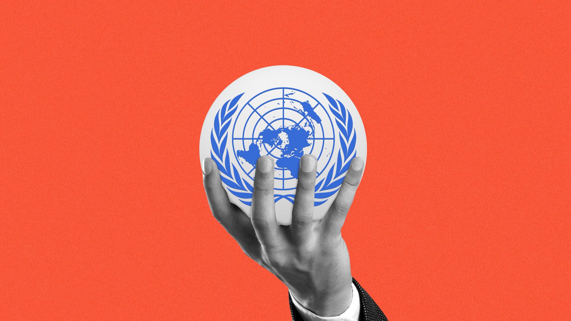 Illustration of suited arm holding a sphere with the U.N. logo.