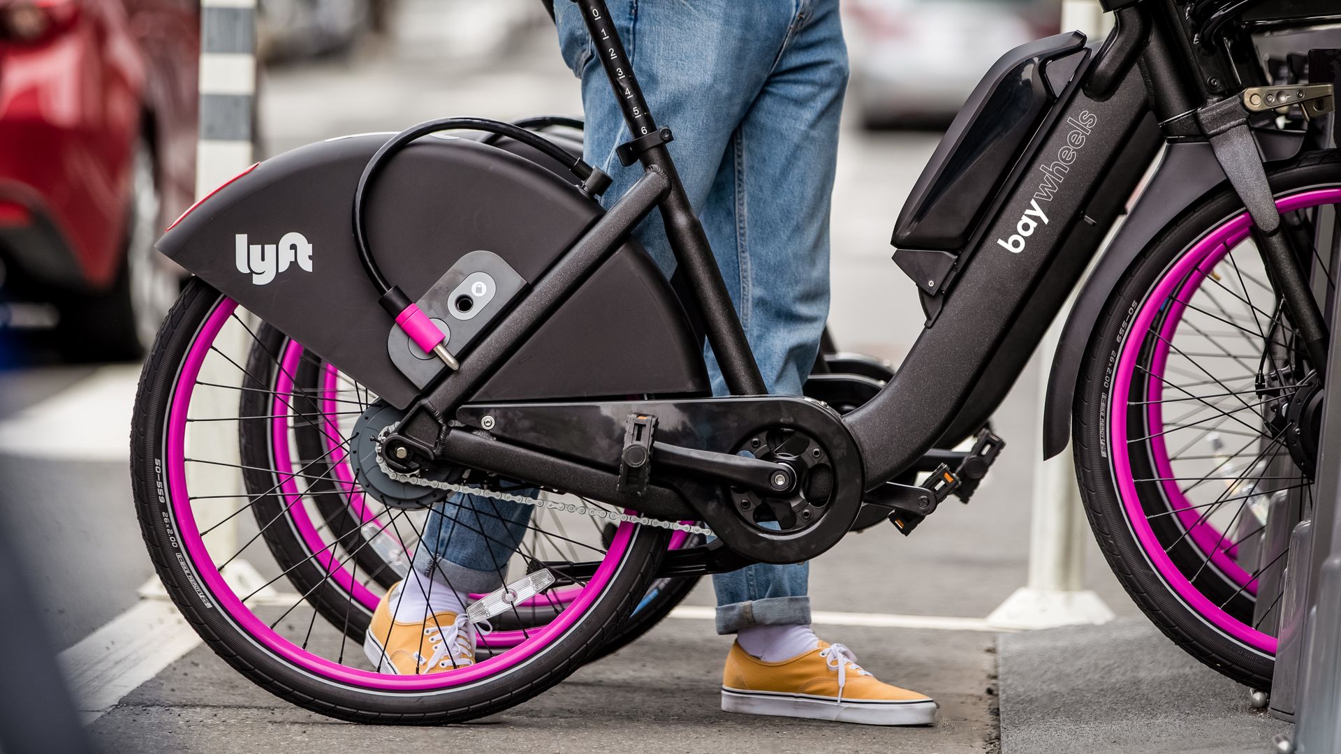 Photo of Lyft's new bike-share bikes with Lyft and Bay Wheels branding. 