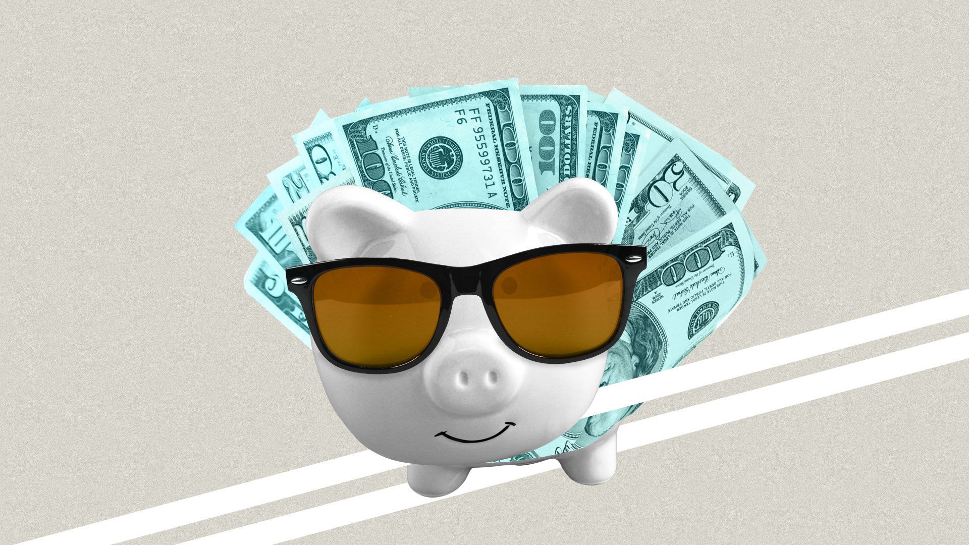 Illustration of piggy bank with sunglasses. Dollar bills sticking out of the piggy bank.