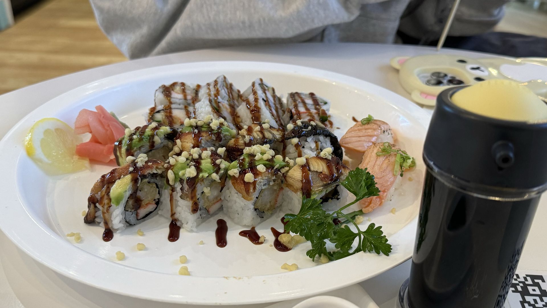 I tried the Dragon Roll and the Phili roll, plus a eel bbq/avocado bowl not pictured. You're not going to find as solid presentation and as clean soy sauce