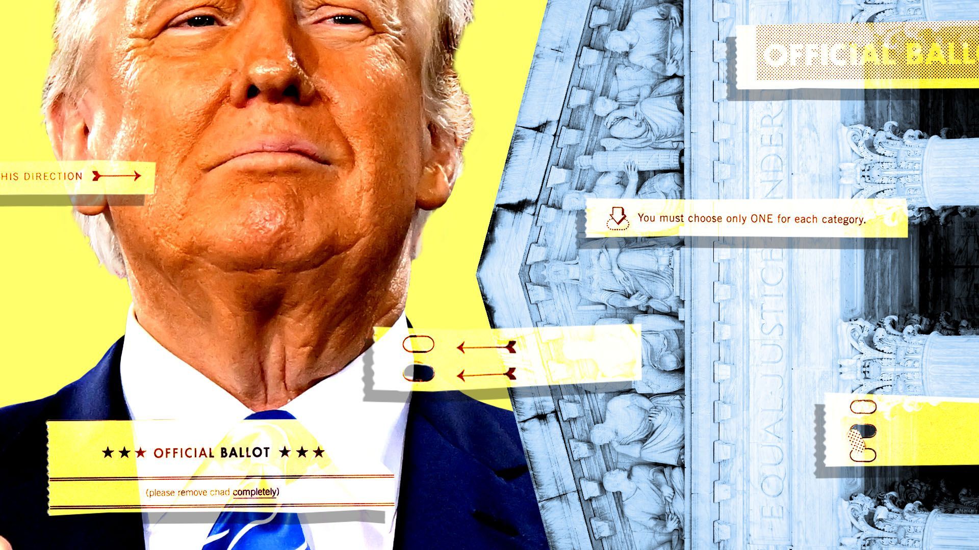 Illustration of President Trump next to a sideways Supreme Court building with cut outs of ballots surrounding