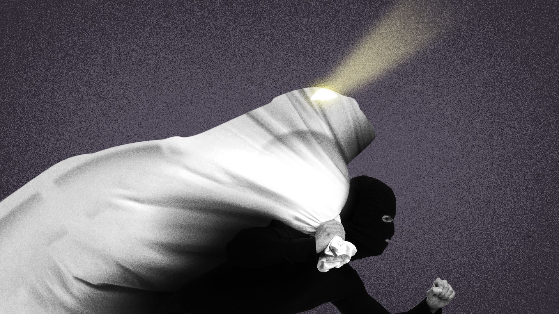 Illustration of a burglar with a big car in a bag over his back.