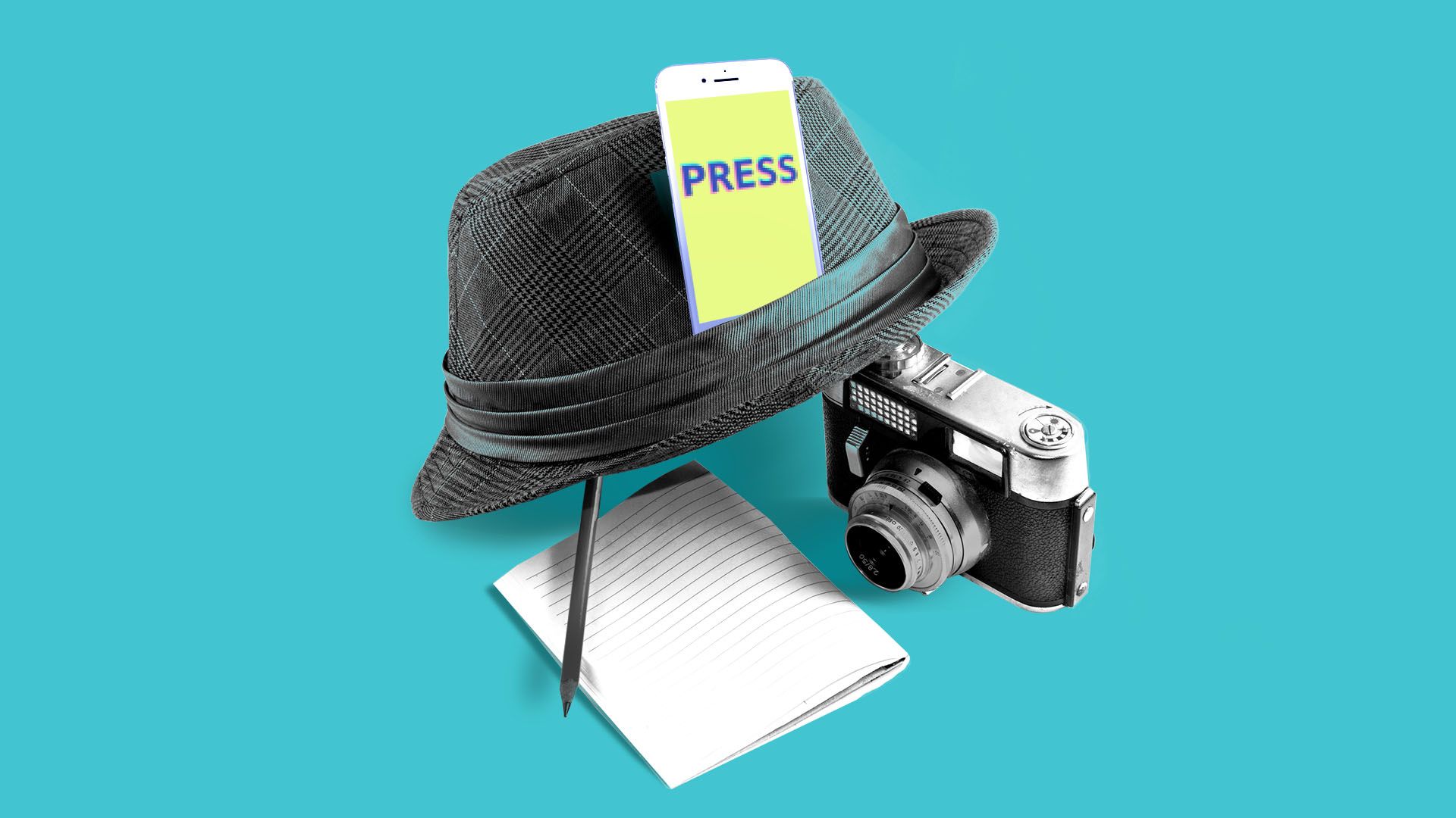 Illustration of vintage press hat with an iphone tucked in the brim