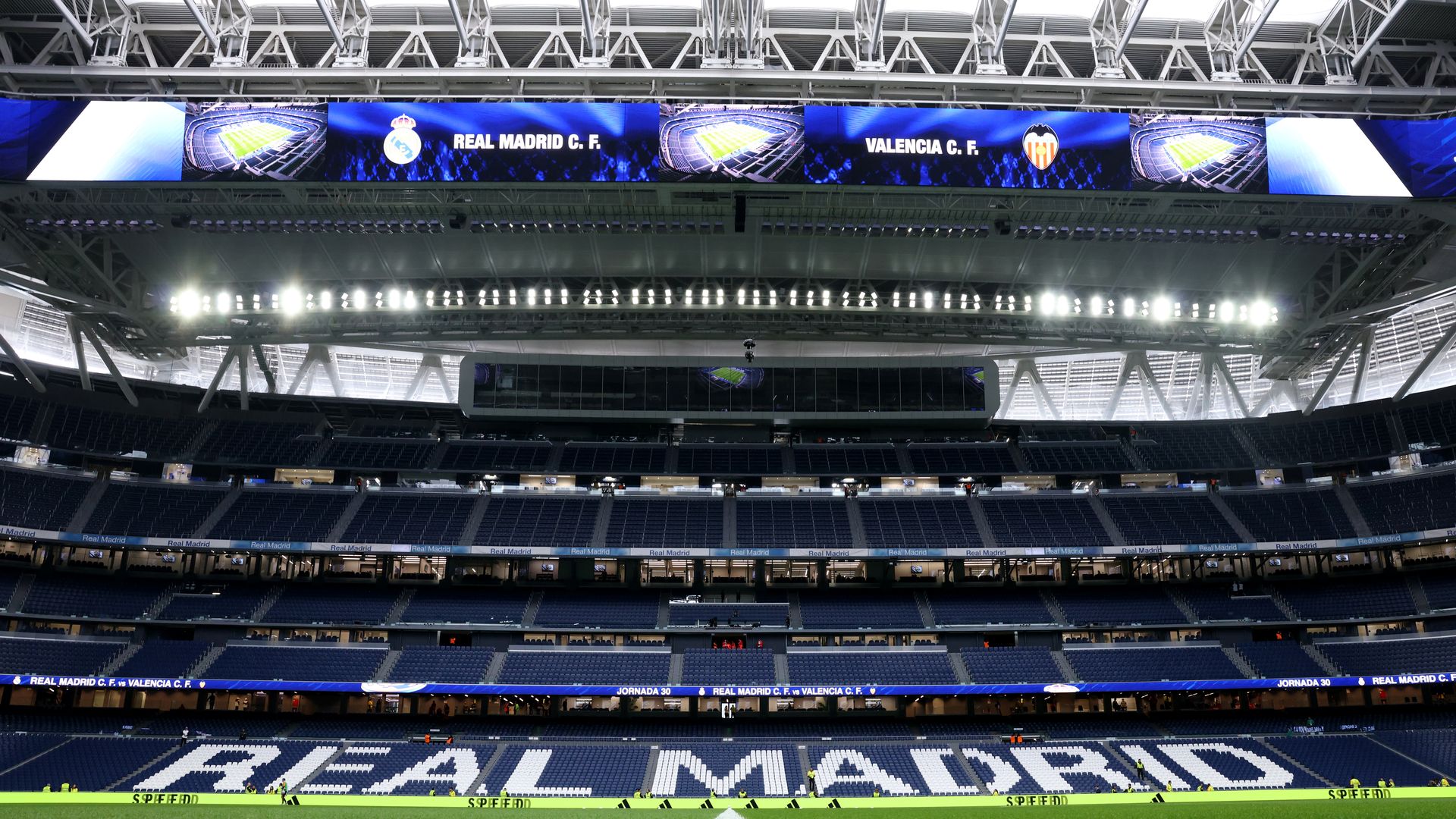 General view inside the stadium prior to the LaLiga match between Real Madrid CF and Valencia CF at Estadio Santiago Bernabeu on April 05, 2025 in Madrid, Spain. 